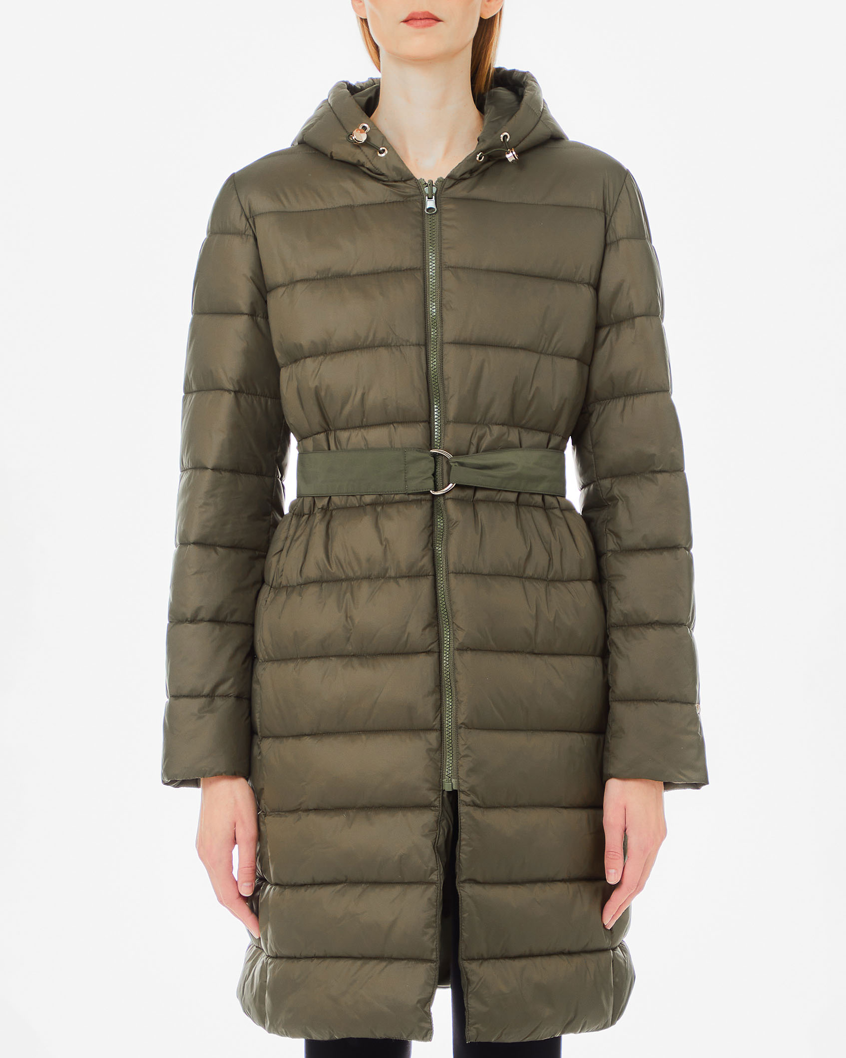 Piumino lungo con cappuccio verde militare in nylon con davanti