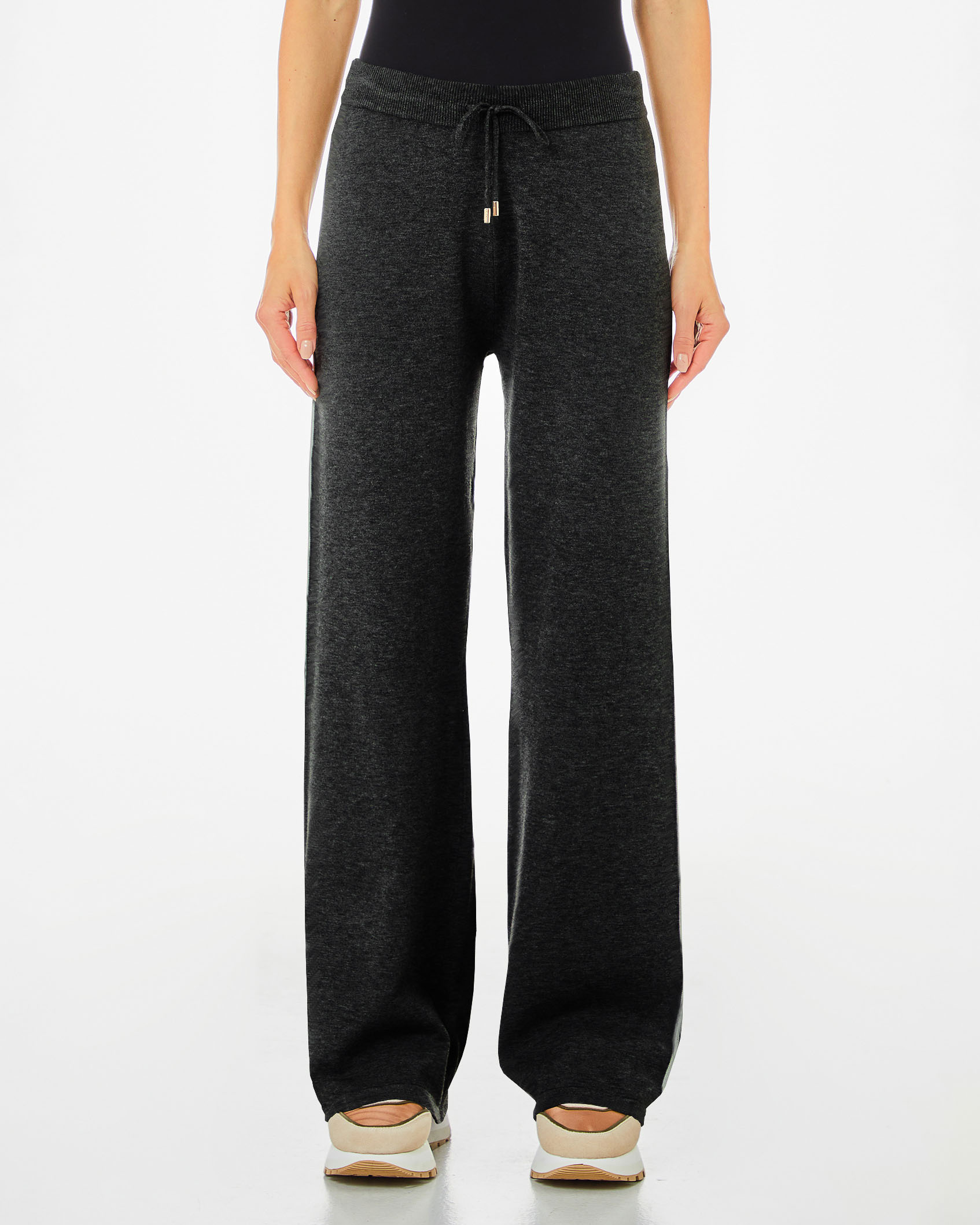 Joggers wide leg nero melange in maglia di viscosa con coulisse in vita e profili laterali dorati