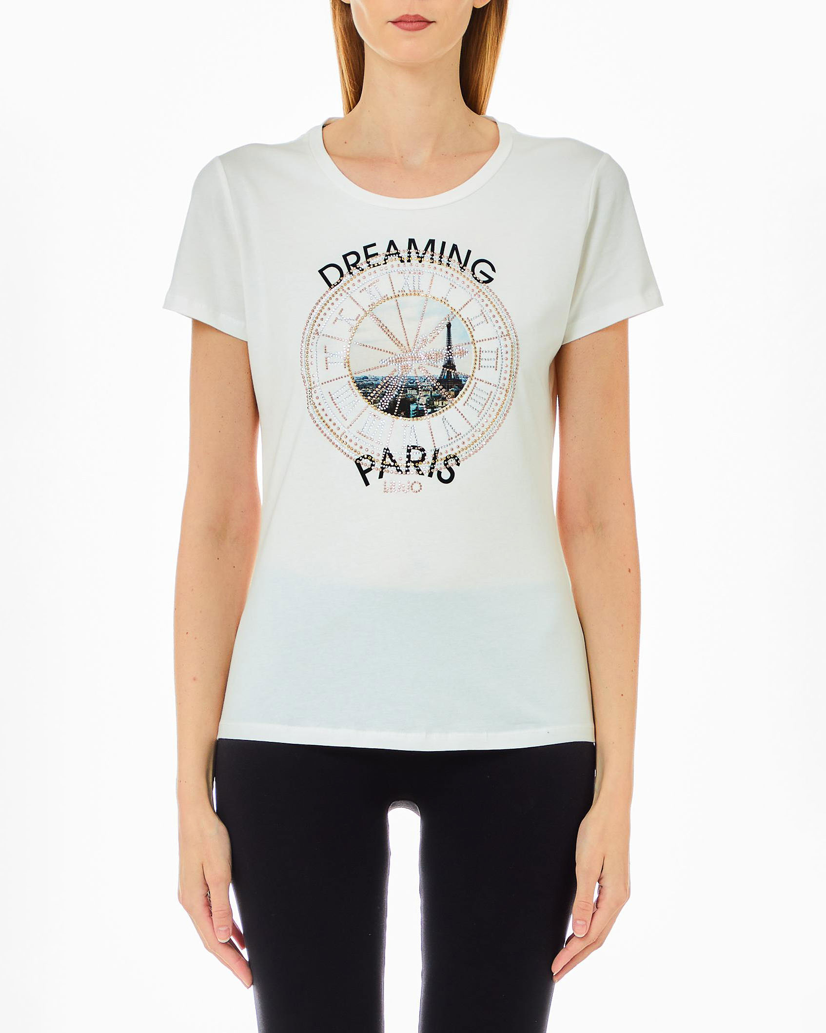 T-shirt bianca in cotone stretch con stampa Parigi frotale rotonda con orologio in strass sovrapposto
