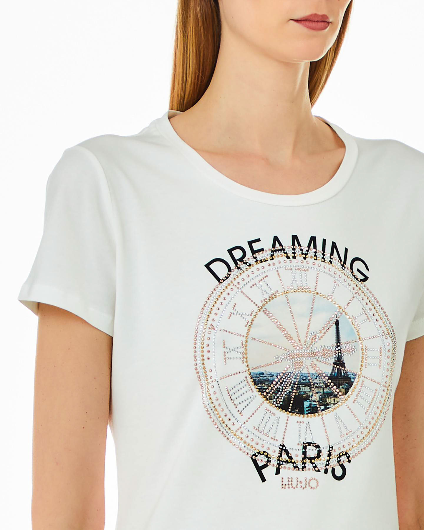 T-shirt bianca in cotone stretch con stampa Parigi frotale rotonda con orologio in strass sovrapposto image