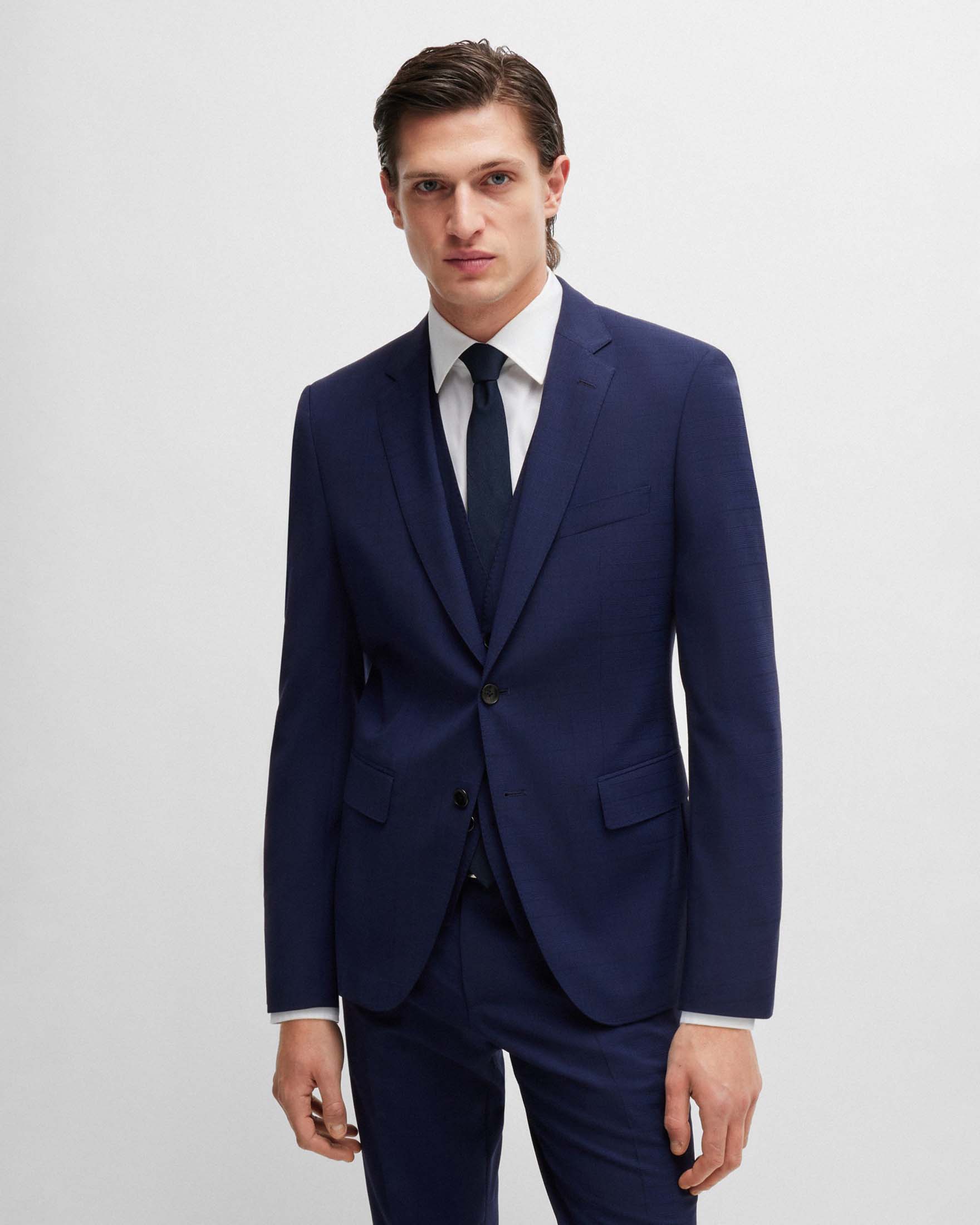 Abito Huge slim-fit blu indaco in tela di lana stretch principe di Galles con gilet image