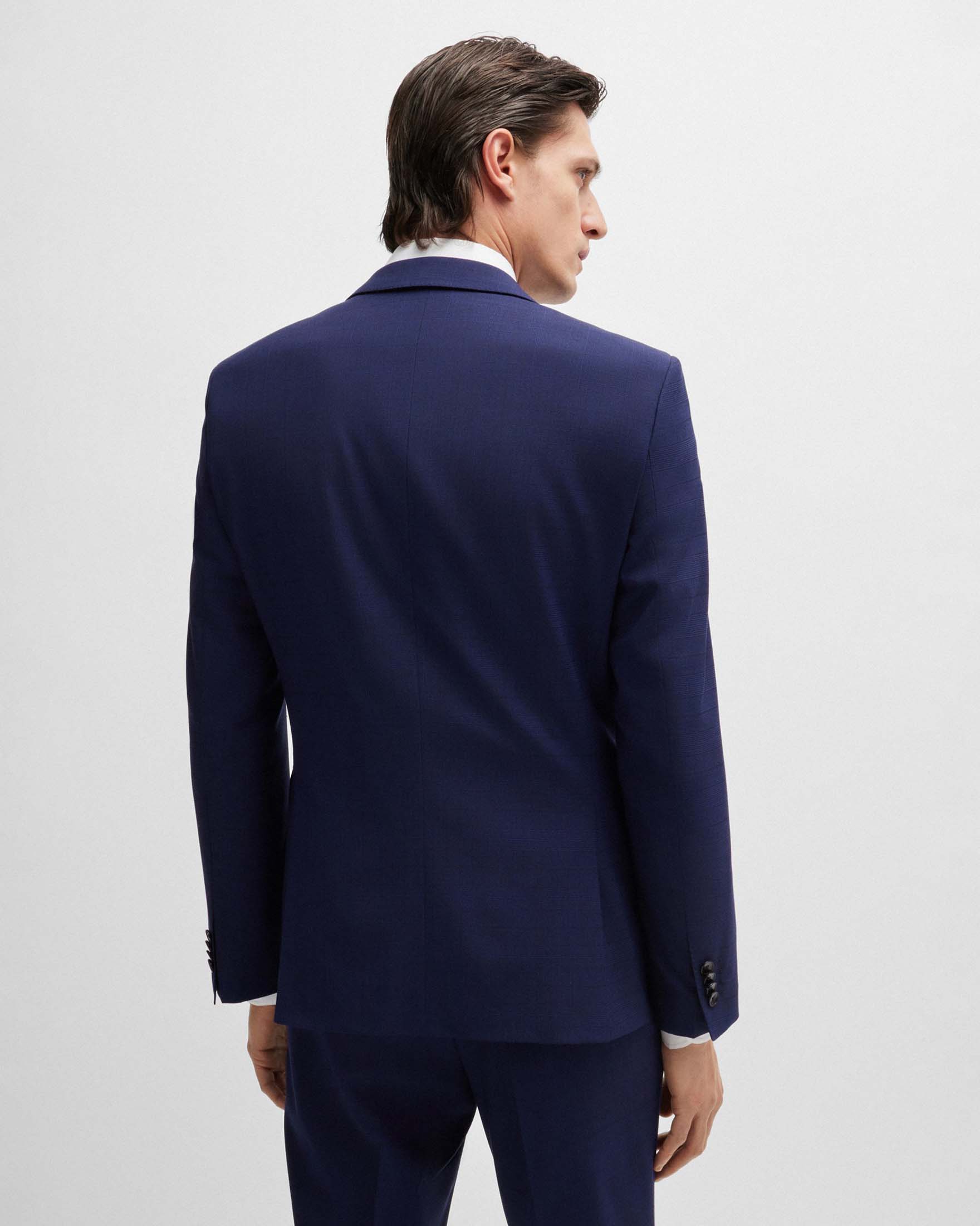 Abito Huge slim-fit blu indaco in tela di lana stretch principe di Galles con gilet