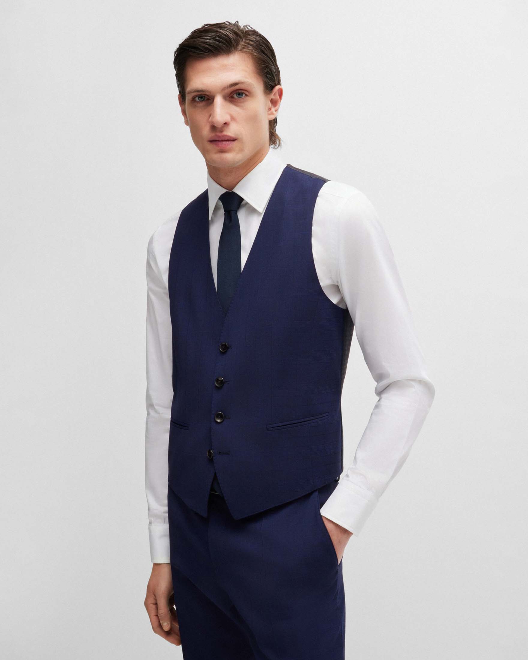 Abito Huge slim-fit blu indaco in tela di lana stretch principe di Galles con gilet