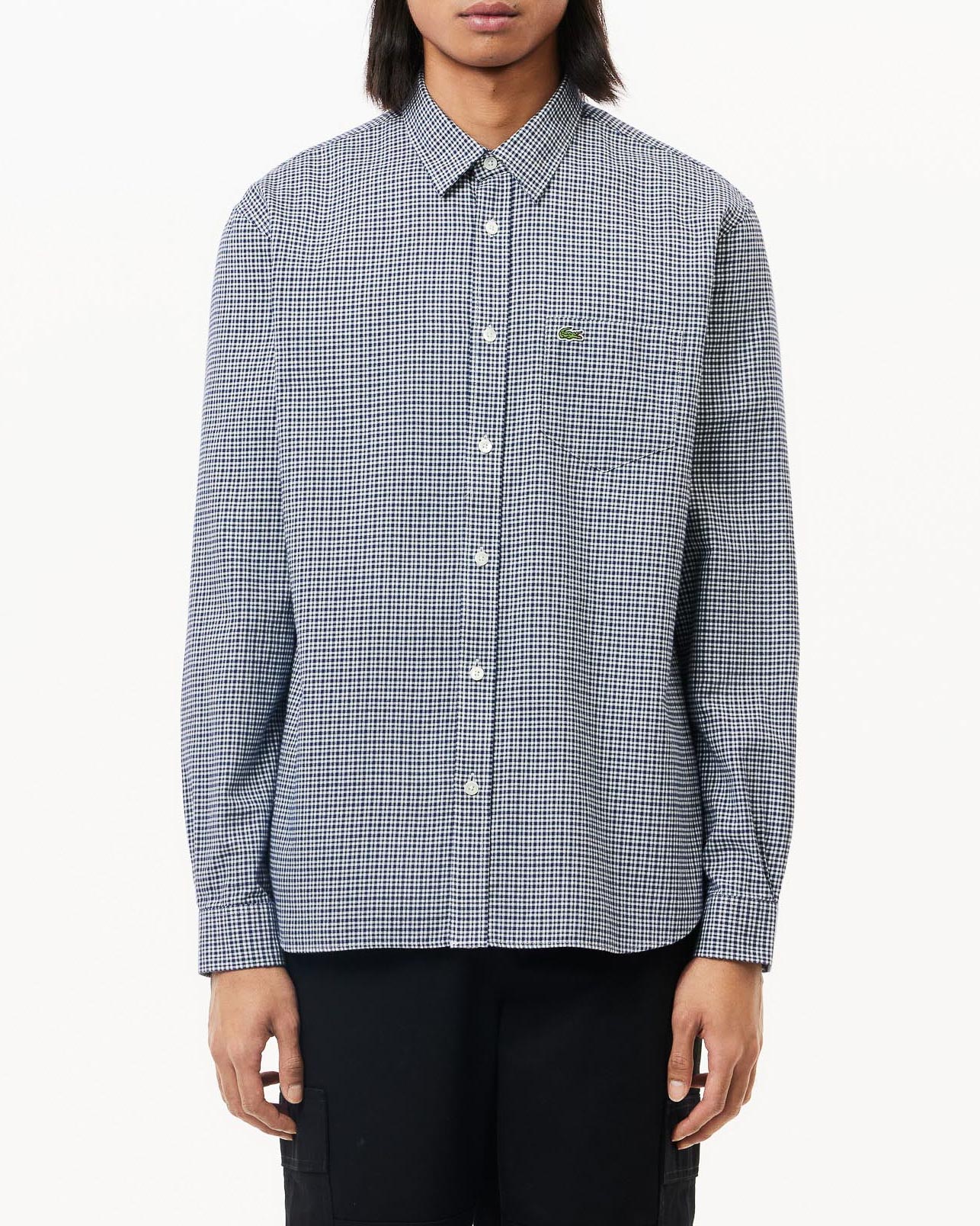 Camicia a quadretti bianca e blu in flanella di cotone con taschino