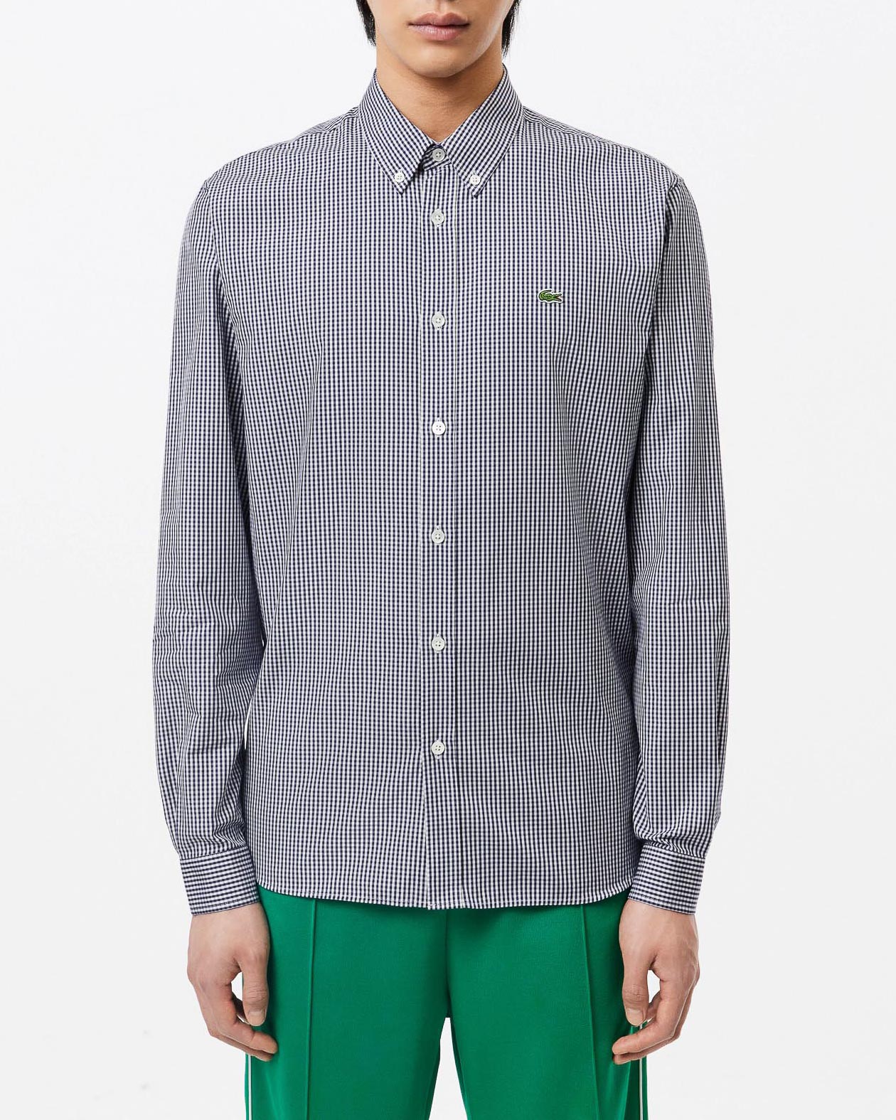 Camicia vichy bianca e blu in popeline di cotone con collo button down