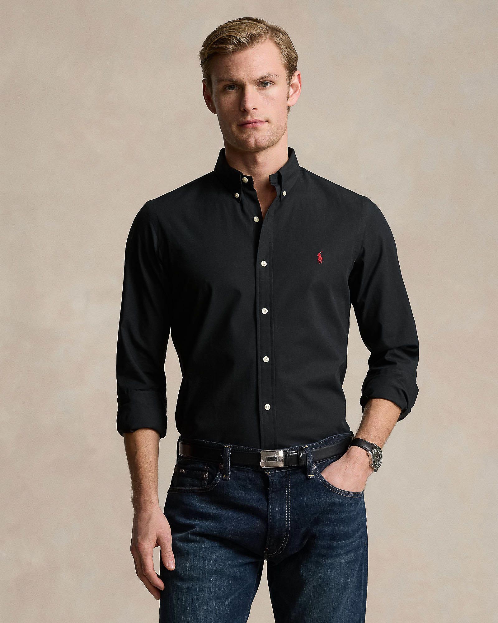 Camicia nera slim-fit Polo Ralph Lauren in popeline di cotone stretch con logo pony rosso ricamato sul petto e colletto button-down
