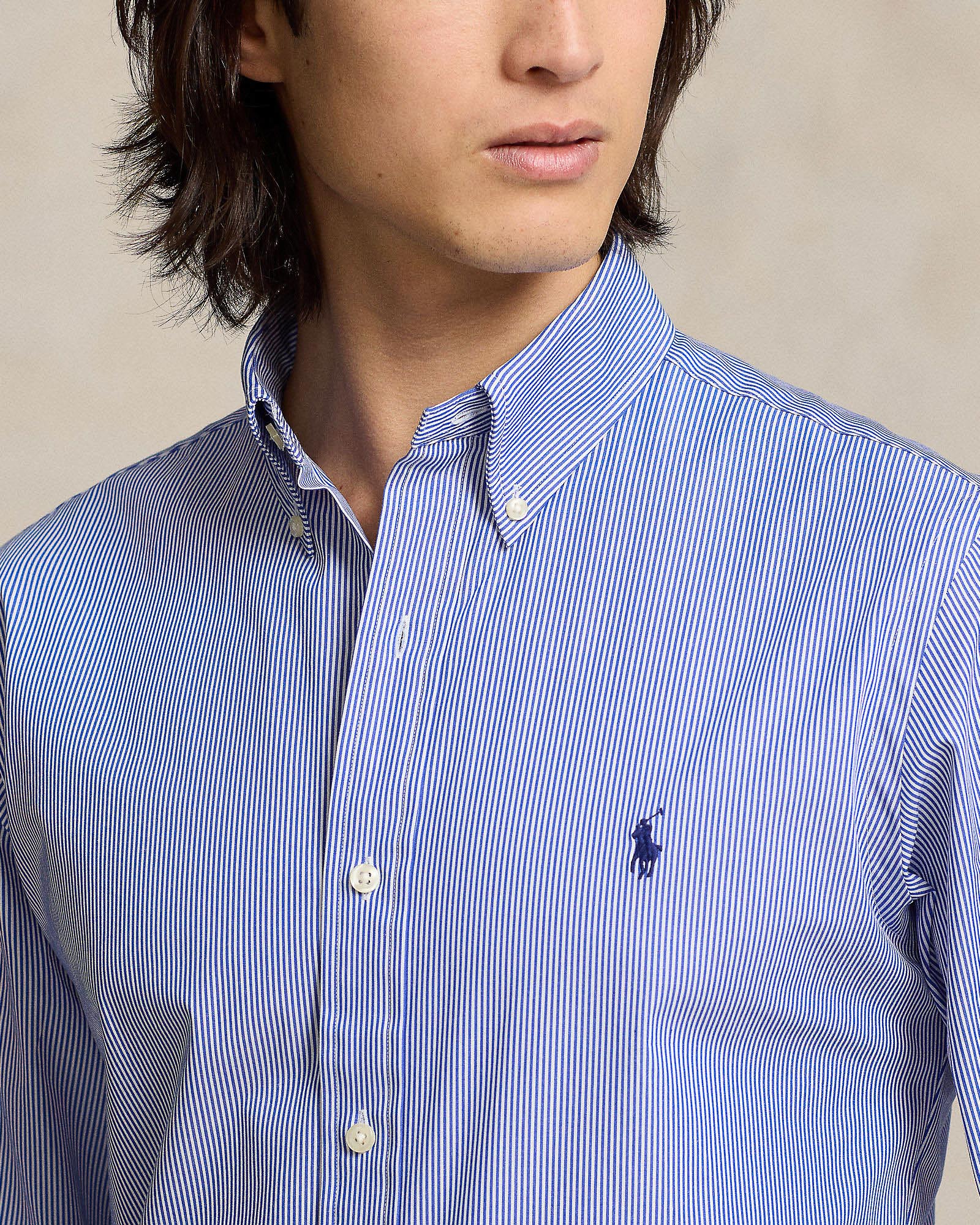 Camicia slim Polo Ralph Lauren bastoncino a righe bianche e blu in popeline di cotone stretch con colletto button-down image