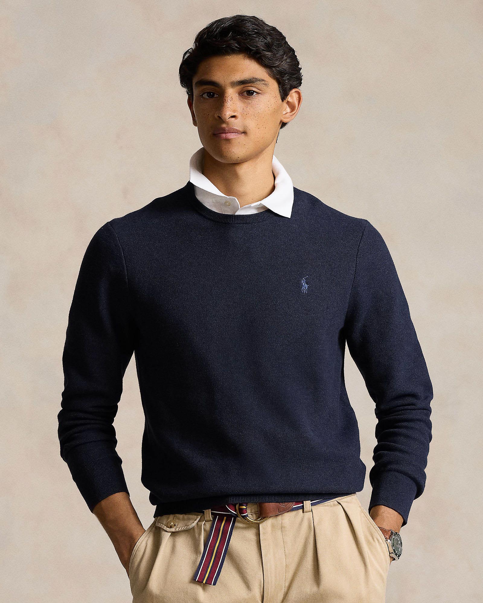 Maglia girocollo Polo blu in puro cotone a nido d'ape con logo pony indaco ricamato sul petto