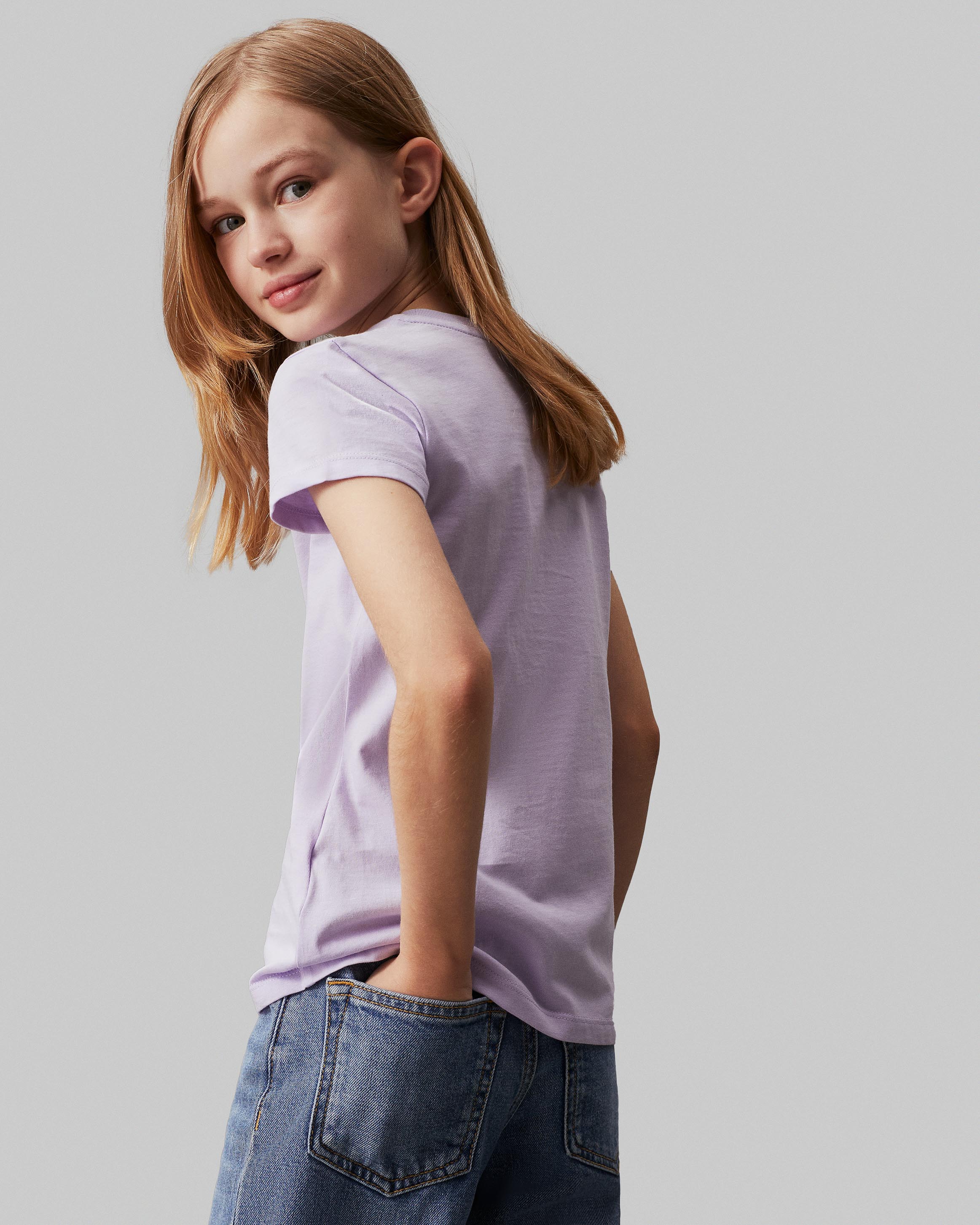 T shirt lilla in cotone a maniche corte con stampa logo bianca