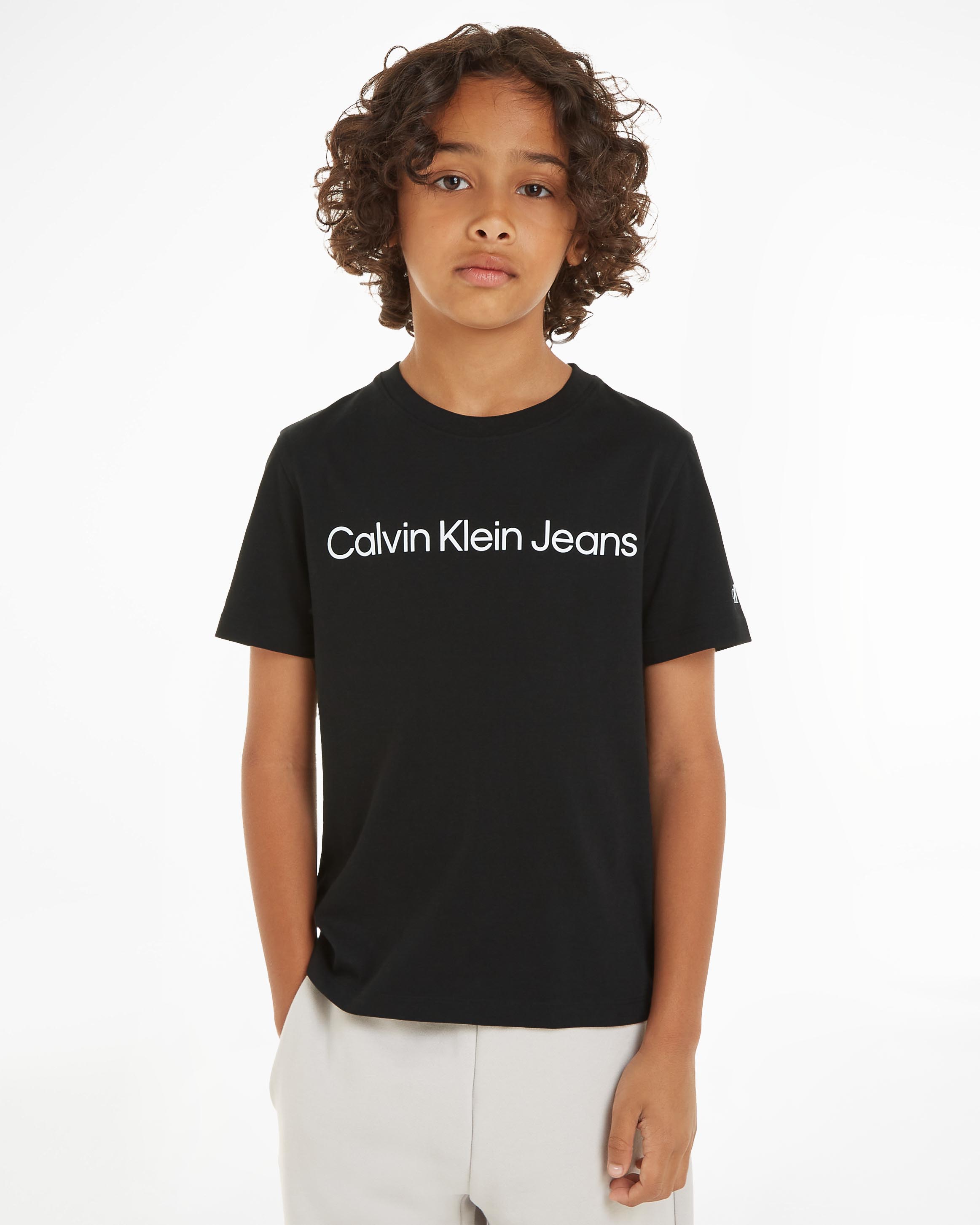 T shirt nera in cotone a maniche corte con stampa scritta logo bianca