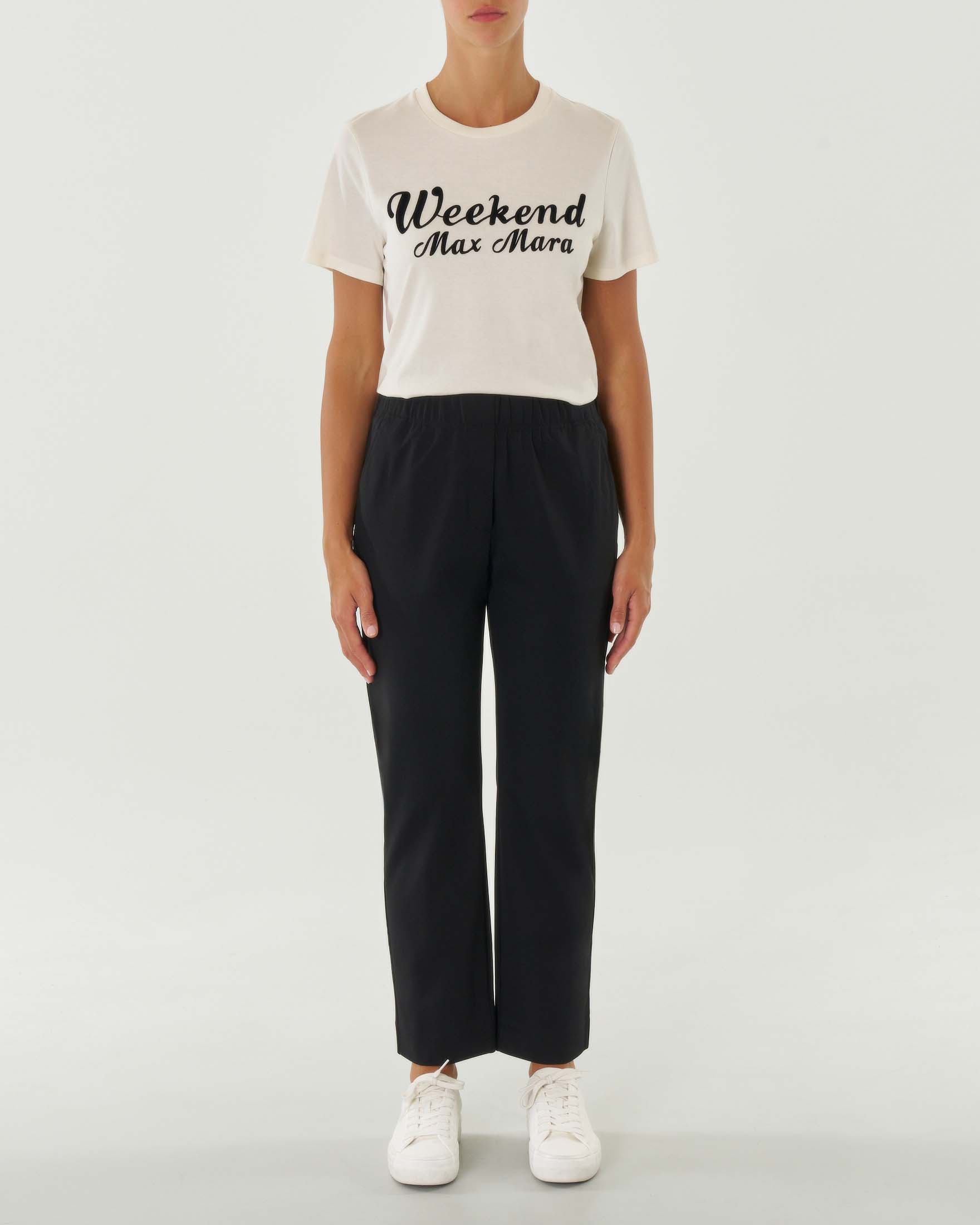 Pantaloni a gamba dritta neri in jersey punto Milano con elastico inserito nella fascia in vita