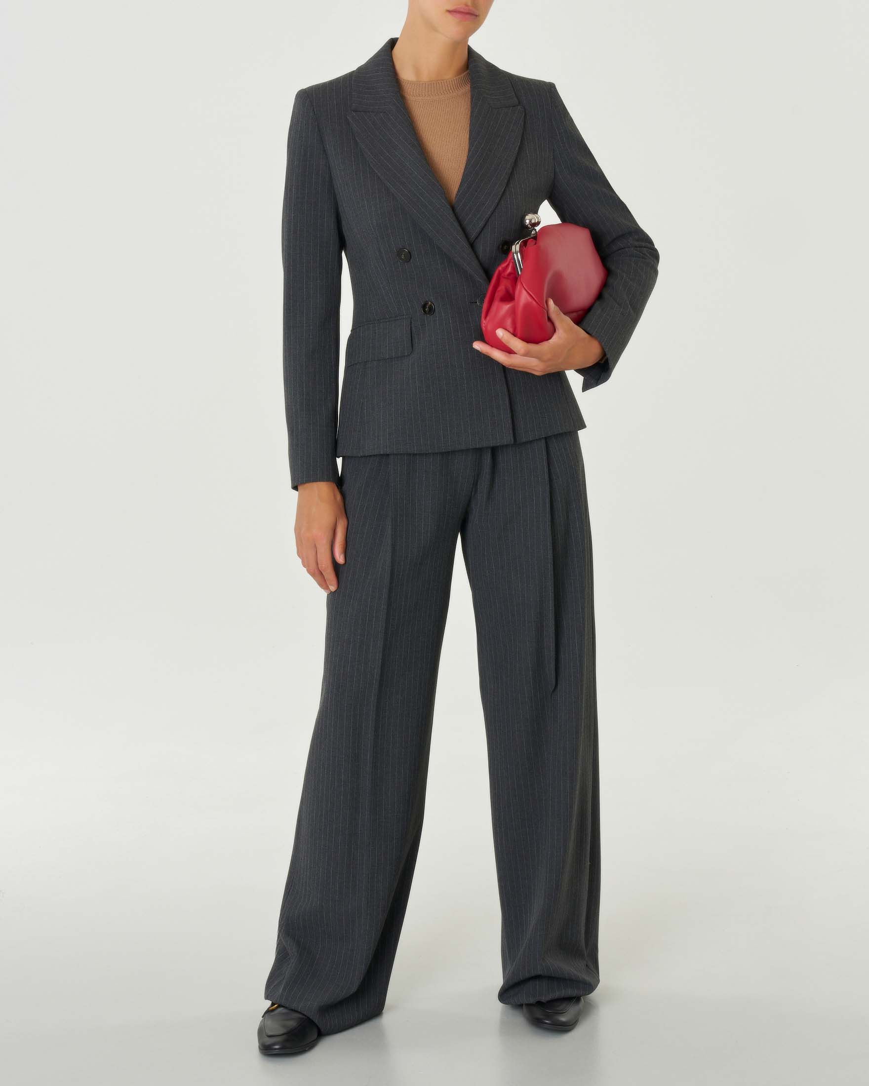 Pantaloni grigio gessato in tela stretch di misto viscosa con pinces in vita image