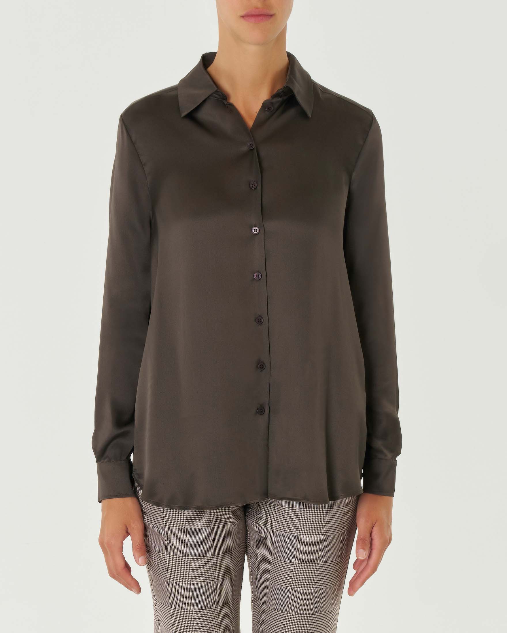 Camicia color testa di moro in raso di misto seta con colletto classico Linea MONOCHROME