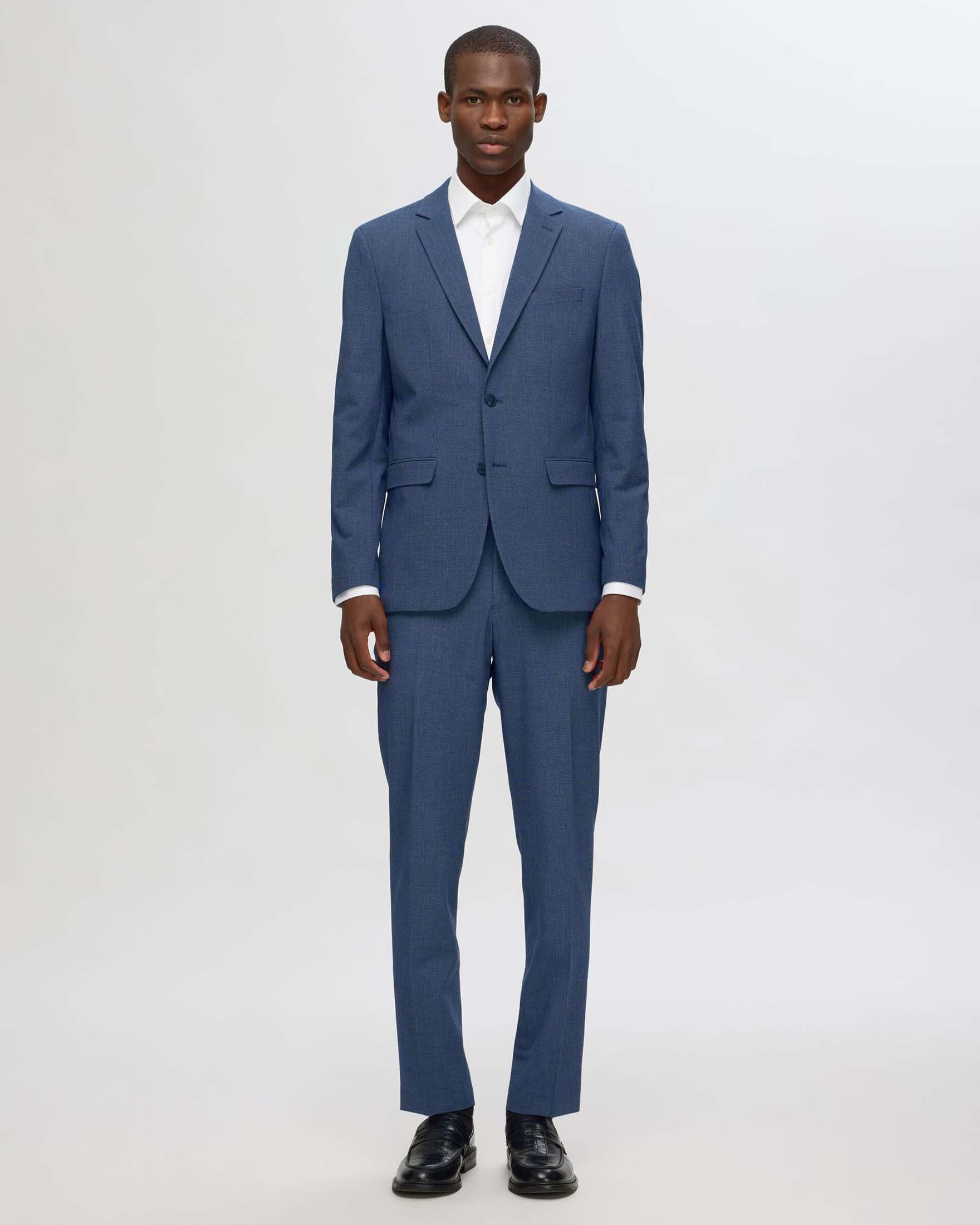 Blazer blu slim fit in misto viscosa con motivo a mini pied de poule e chiusura monopetto