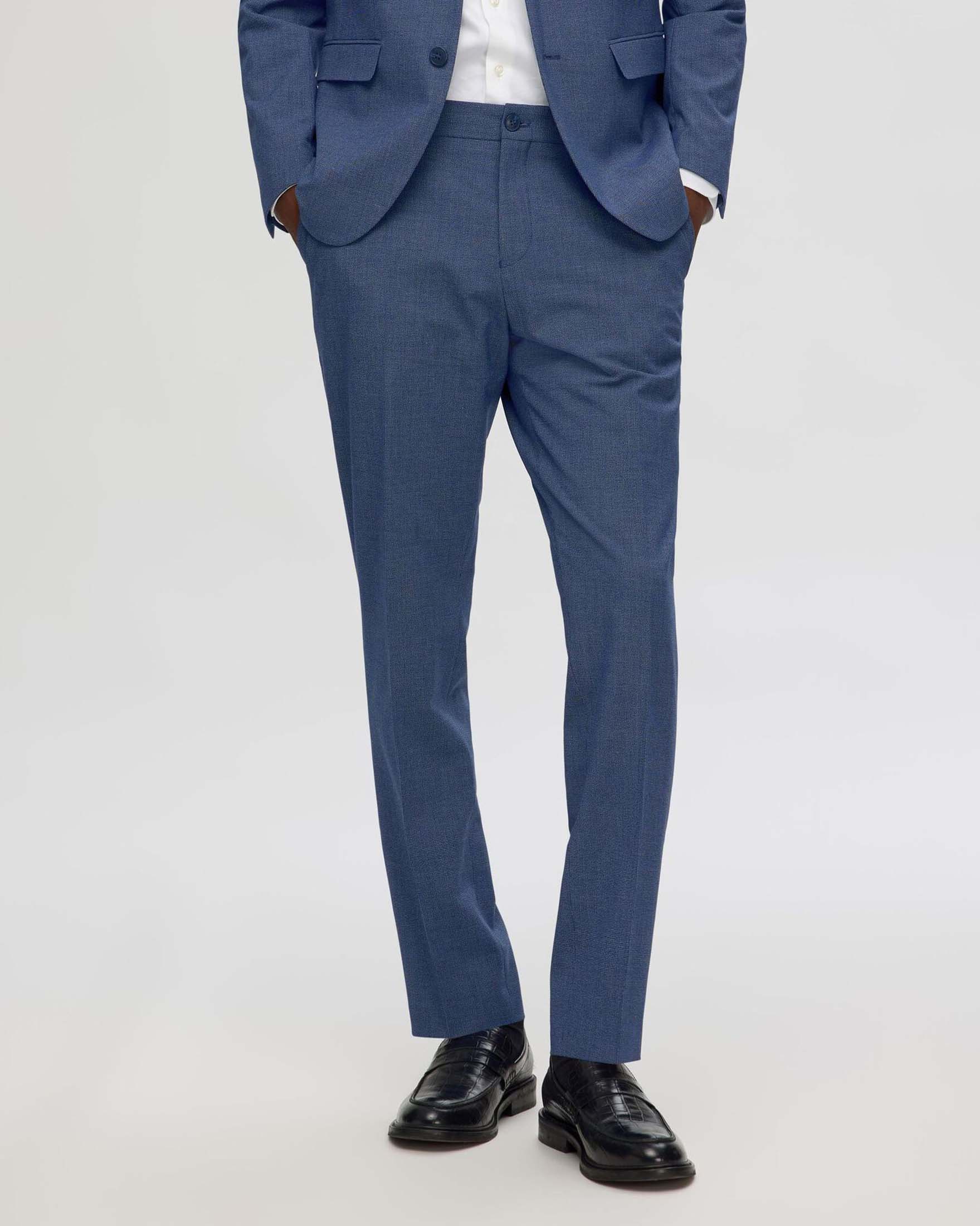 Pantalone blu slim-fit in misto viscosa stretch con motivo a mini pied de poule