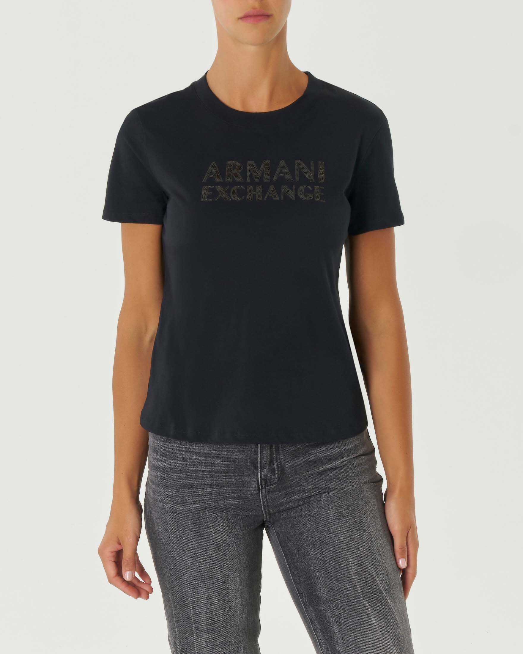 T-shirt nera in cotone a scollo tondo con scritta logo in paillettes ricamate tono su tono