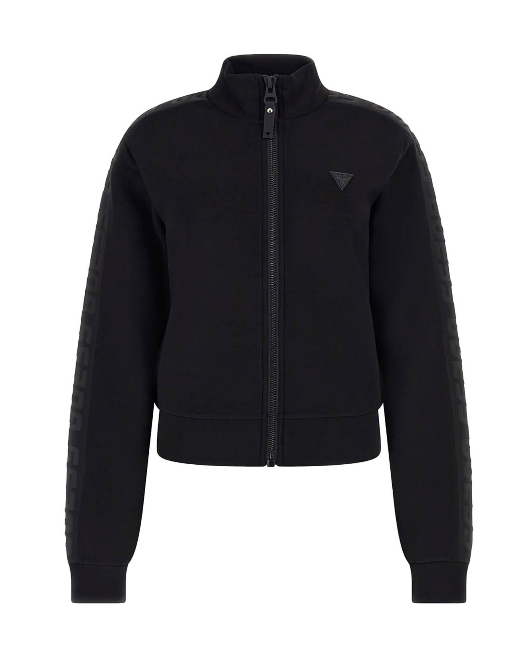 Felpa nera in misto viscosa effetto scuba con chiusura a cerniera e scritta logo continua lungo le braccia