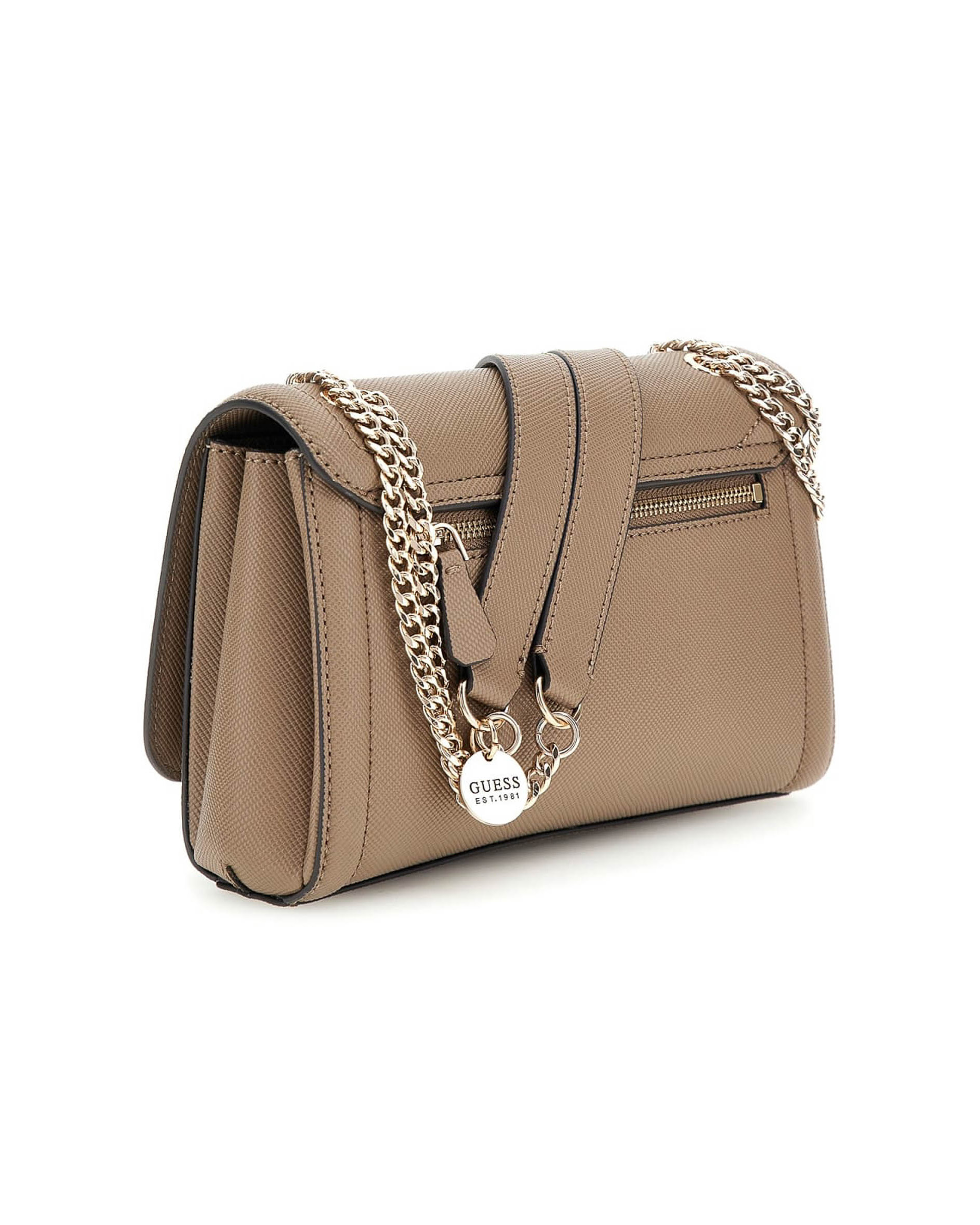 Borsa color noce in similpelle effetto saffiano con patta e tracolla a catena a scorrimento