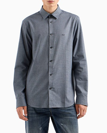 Camicia blu micro pied de poule in puro cotone