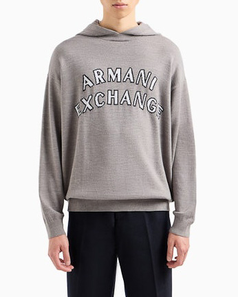 Maglia grigia relaxed-fit con cappuccio e logo scritta jacquard