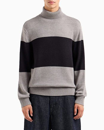 Dolcevita color block grigio e blu in misto lana e cotone