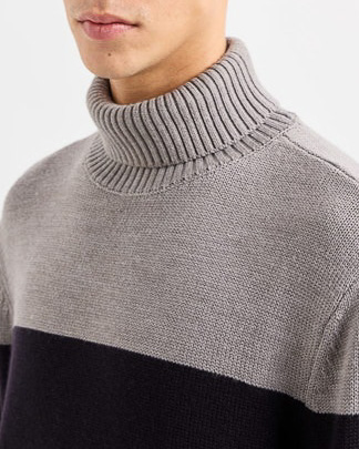 Dolcevita color block grigio e blu in misto lana e cotone