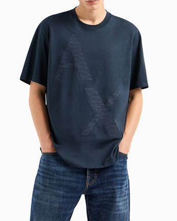 T-shirt blu mezza manica con maxi logo AX applicato in tono