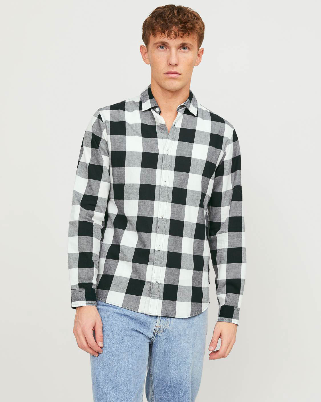 Camicia buffalo check bianca e nera Jack & Jones in flanella di cotone comfort-fit