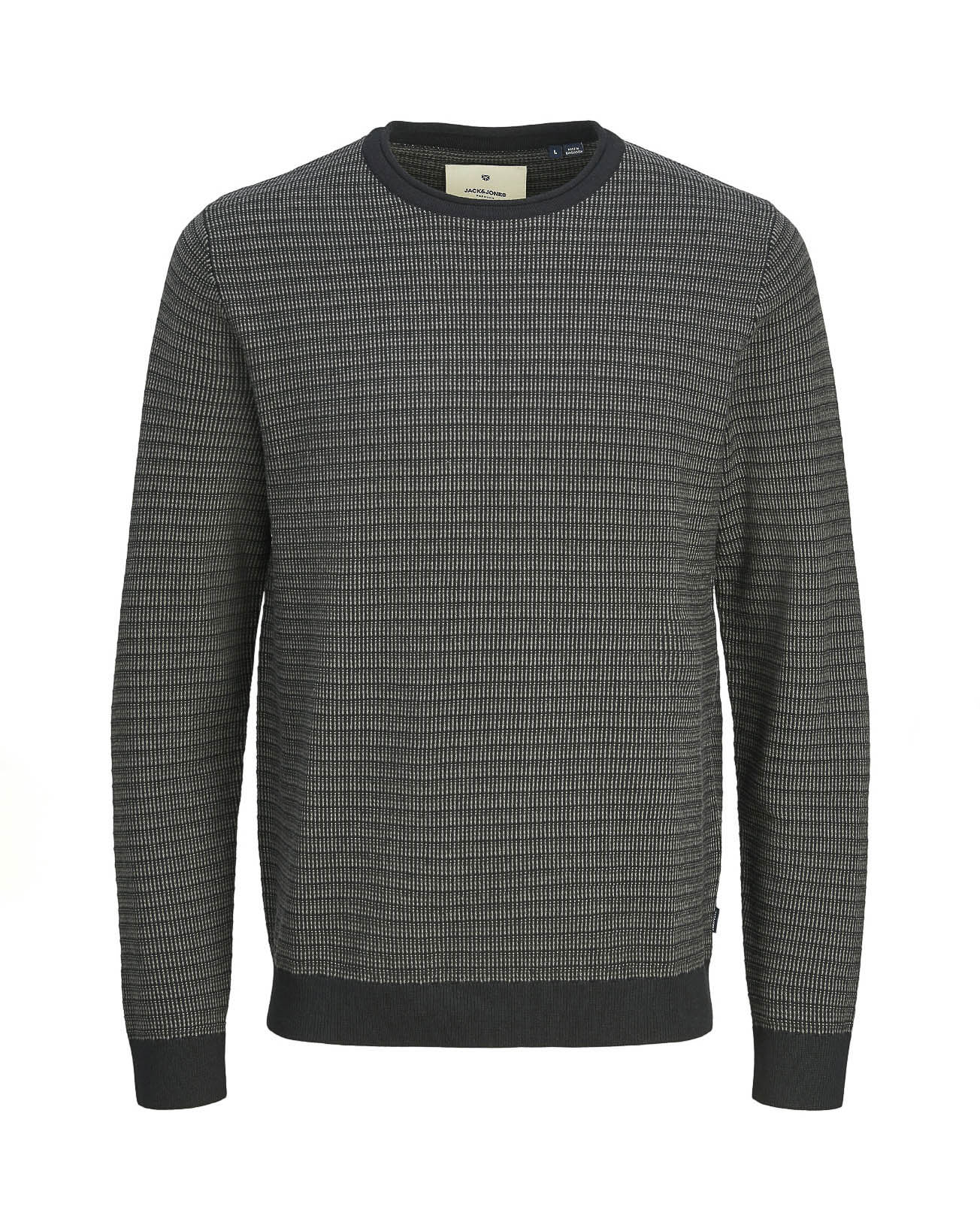 Maglia girocollo nera e grigia in puro cotone con lavorazione a punti vari