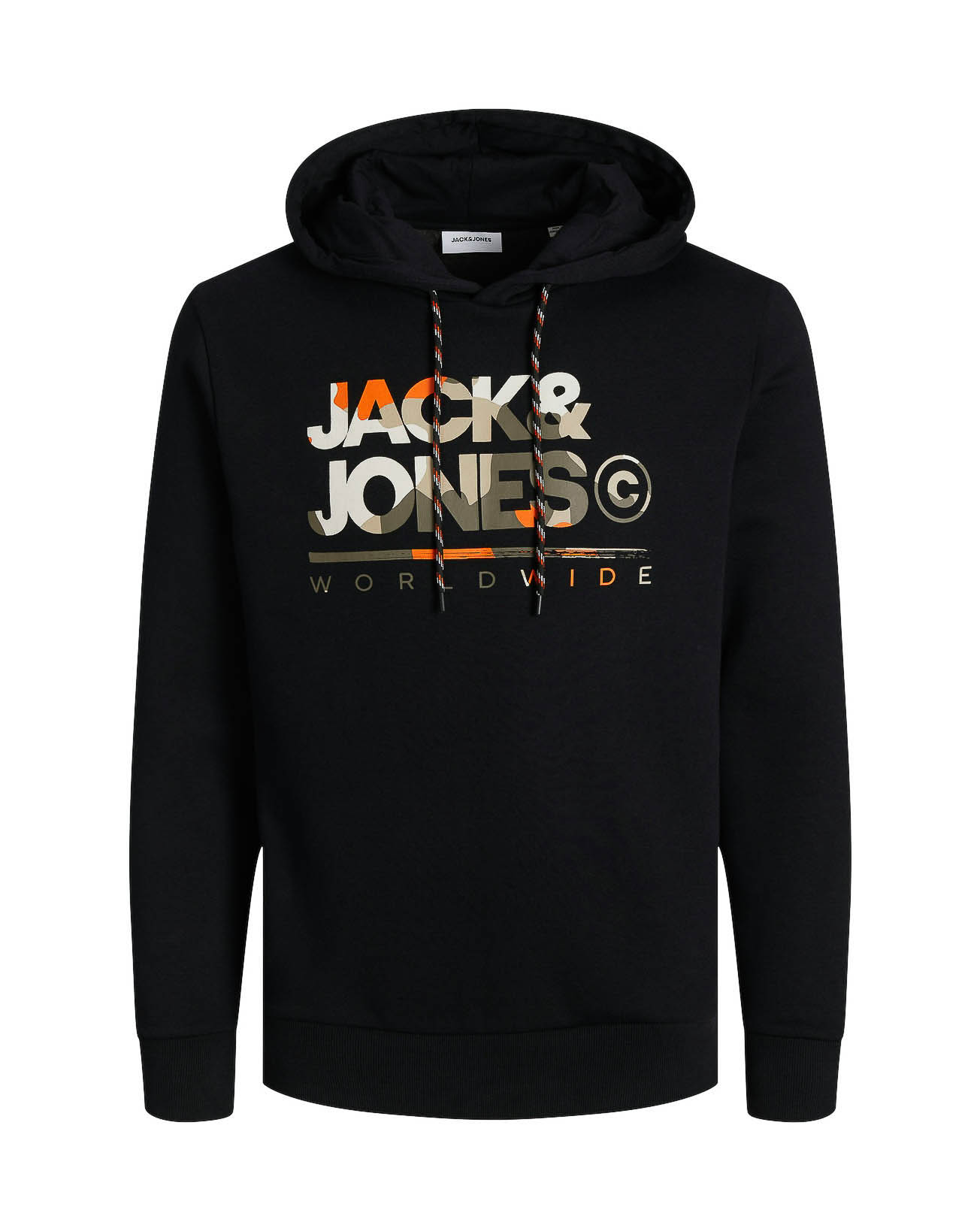 Felpa nera con cappuccio in cotone con maxi stampa logo frontale in fantasia camouflage