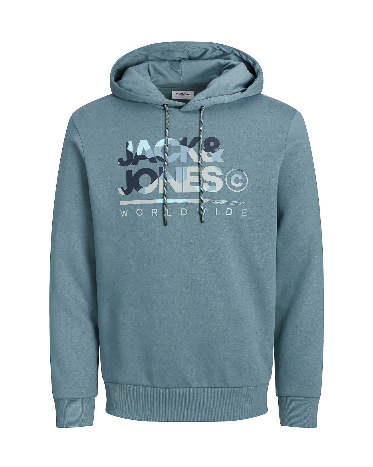 Felpa azzurra con cappuccio in cotone con maxi stampa logo frontale in fantasia camouflage