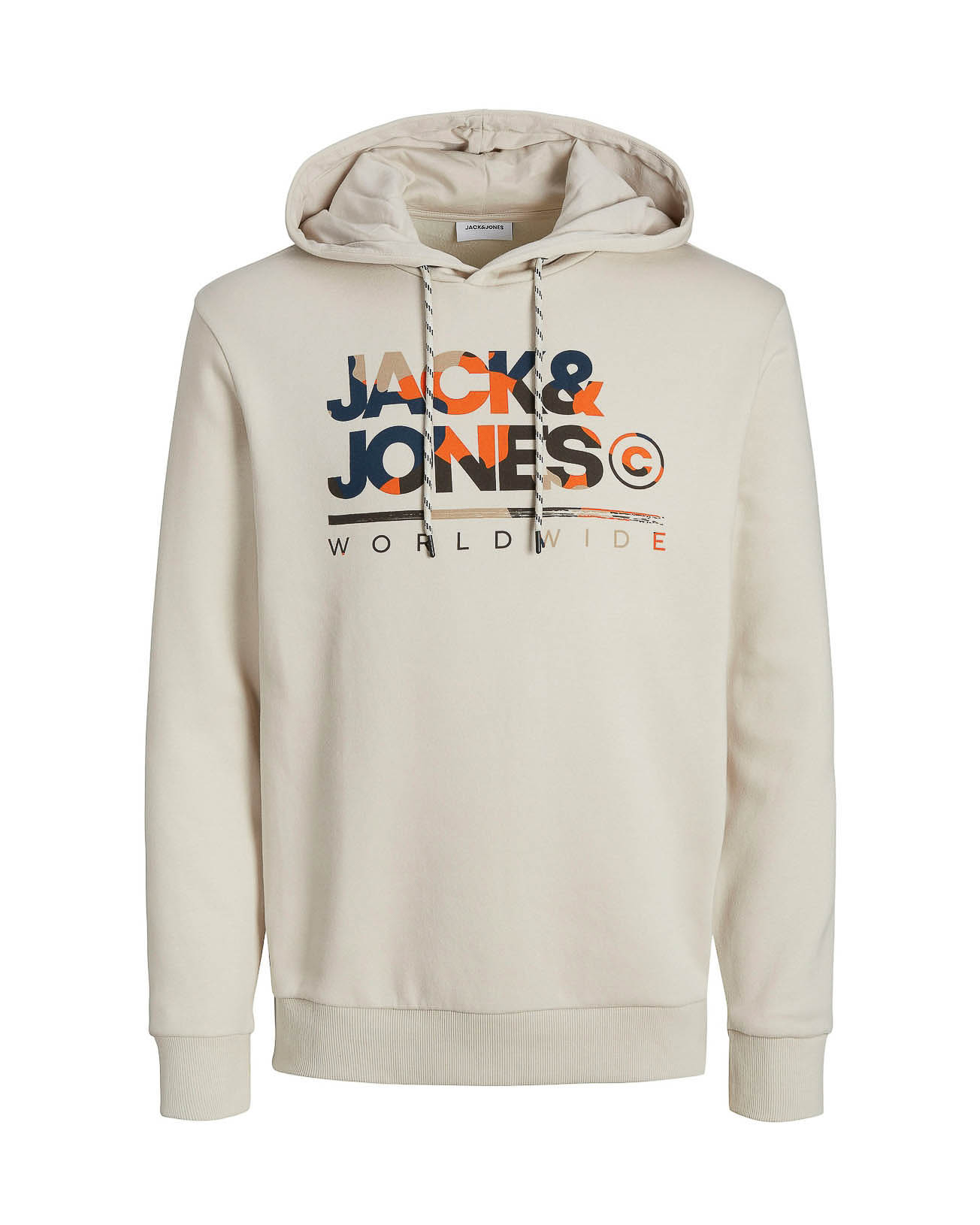 Felpa color panna con cappuccio in cotone con maxi stampa logo frontale in fantasia camouflage