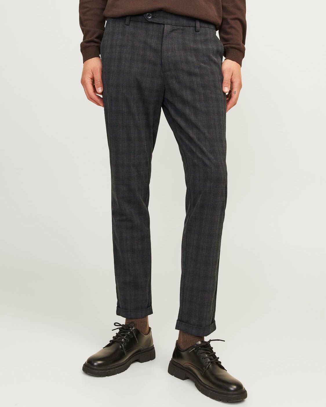 Pantaloni chino slim-fit color antracite in fantasia principe di Galles di misto viscosa stretch