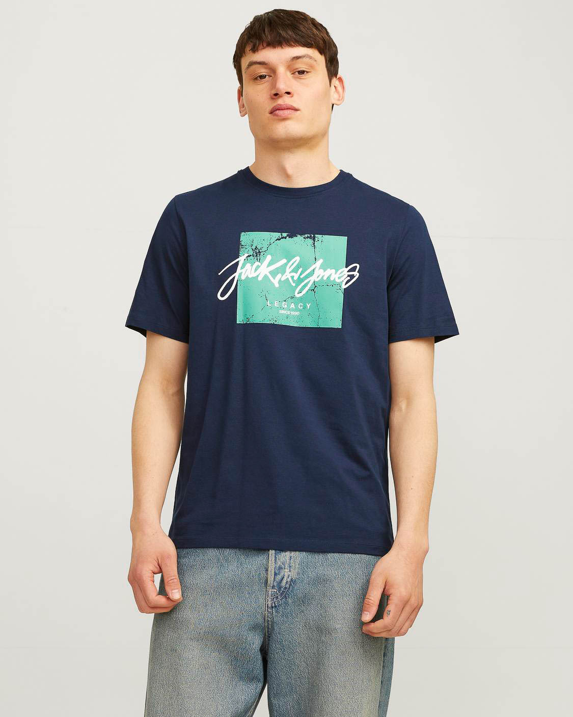T-shirt blu regular-fit in puro cotone con stampa box logo stile graffiti color acqua e bianca