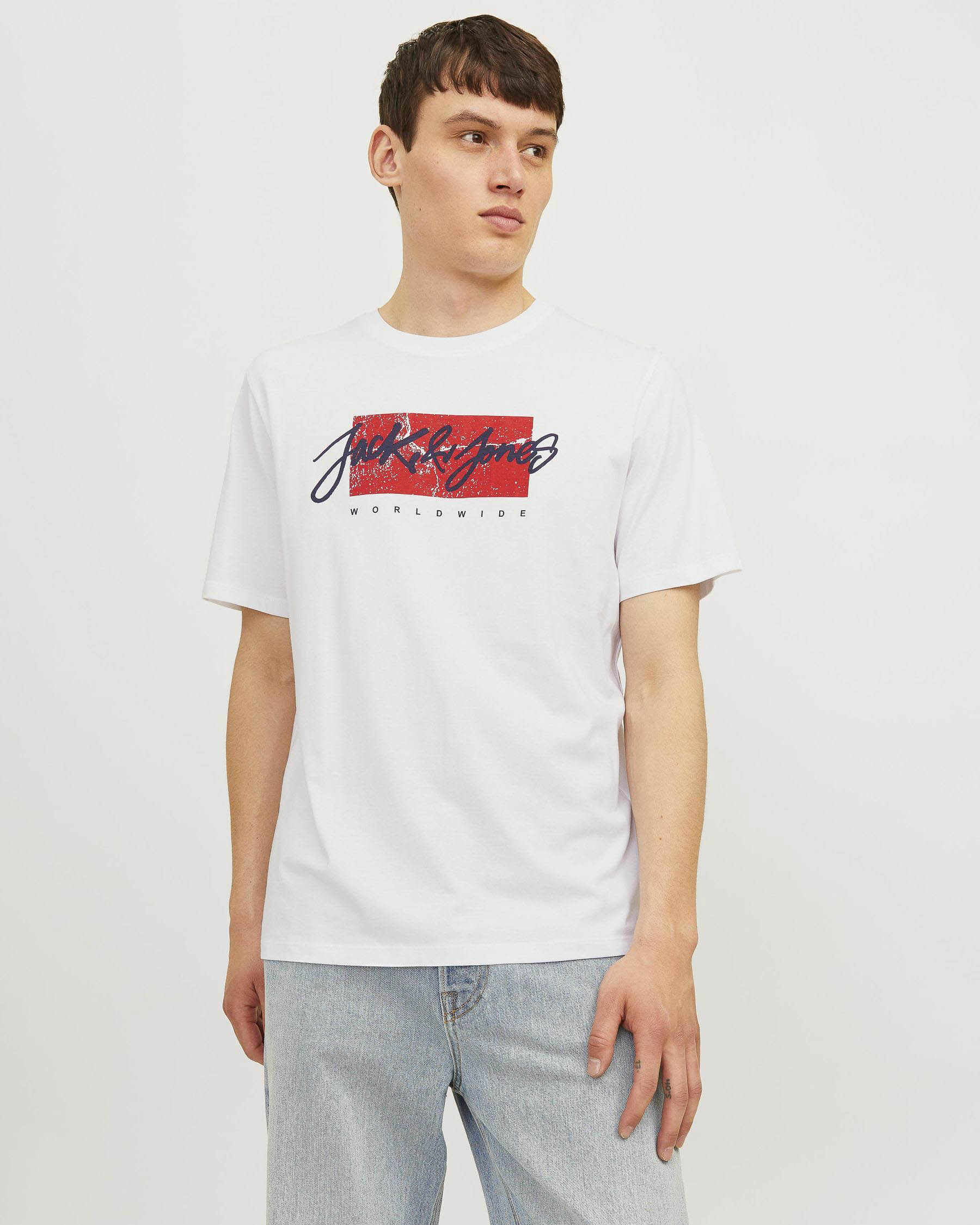 T-shirt bianca regular-fit in puro cotone con stampa box logo stile graffiti rossa e blu