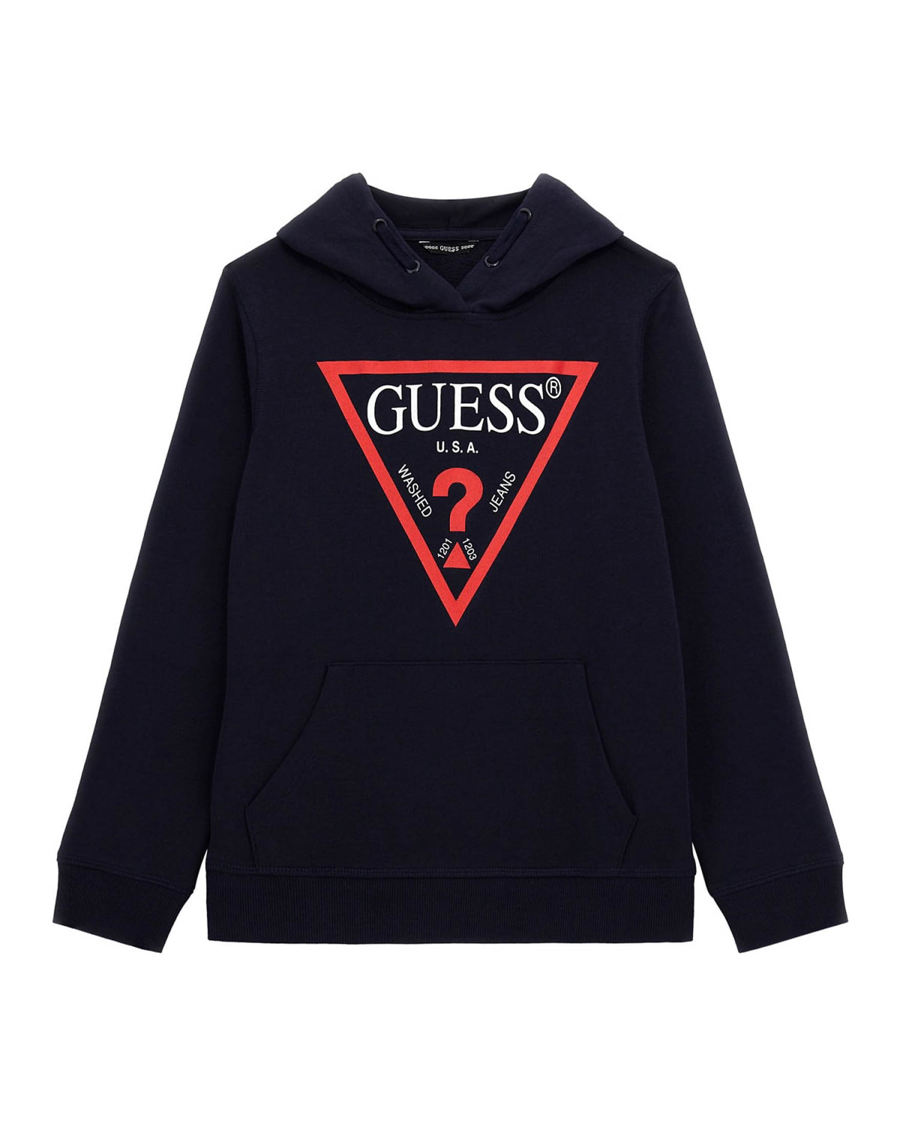 Felpa blu in cotone con cappuccio e stampa logo triangolare rossa