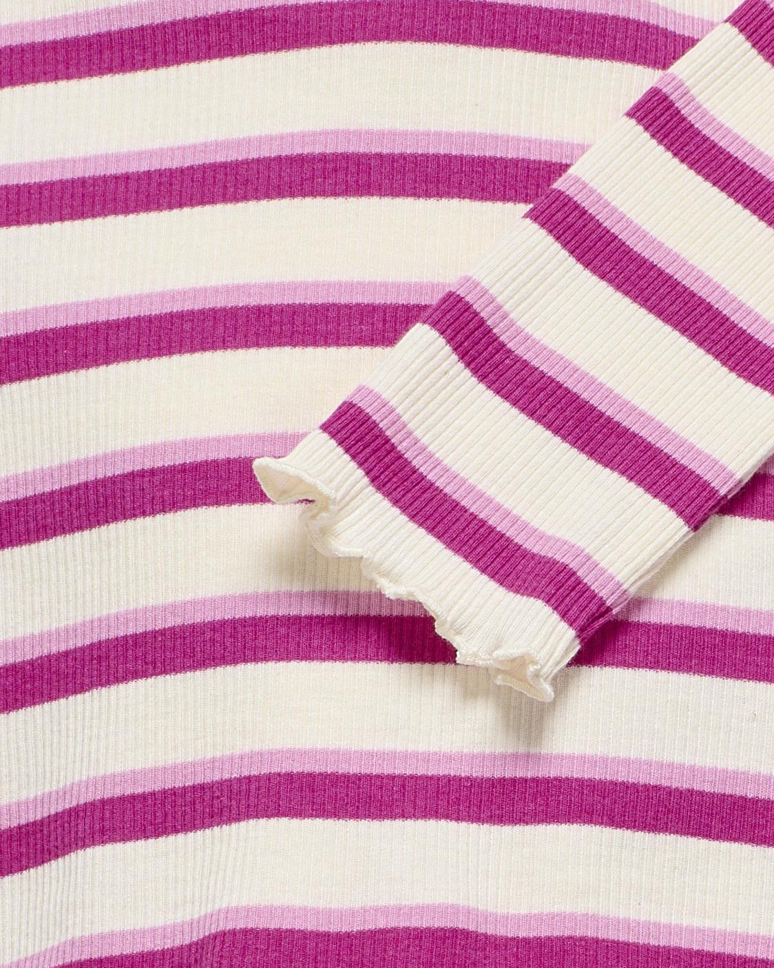 T-shirt Kids Only in cotone e viscosa stretch a fantasia rigata bianca e fucsia con maniche lunghe image