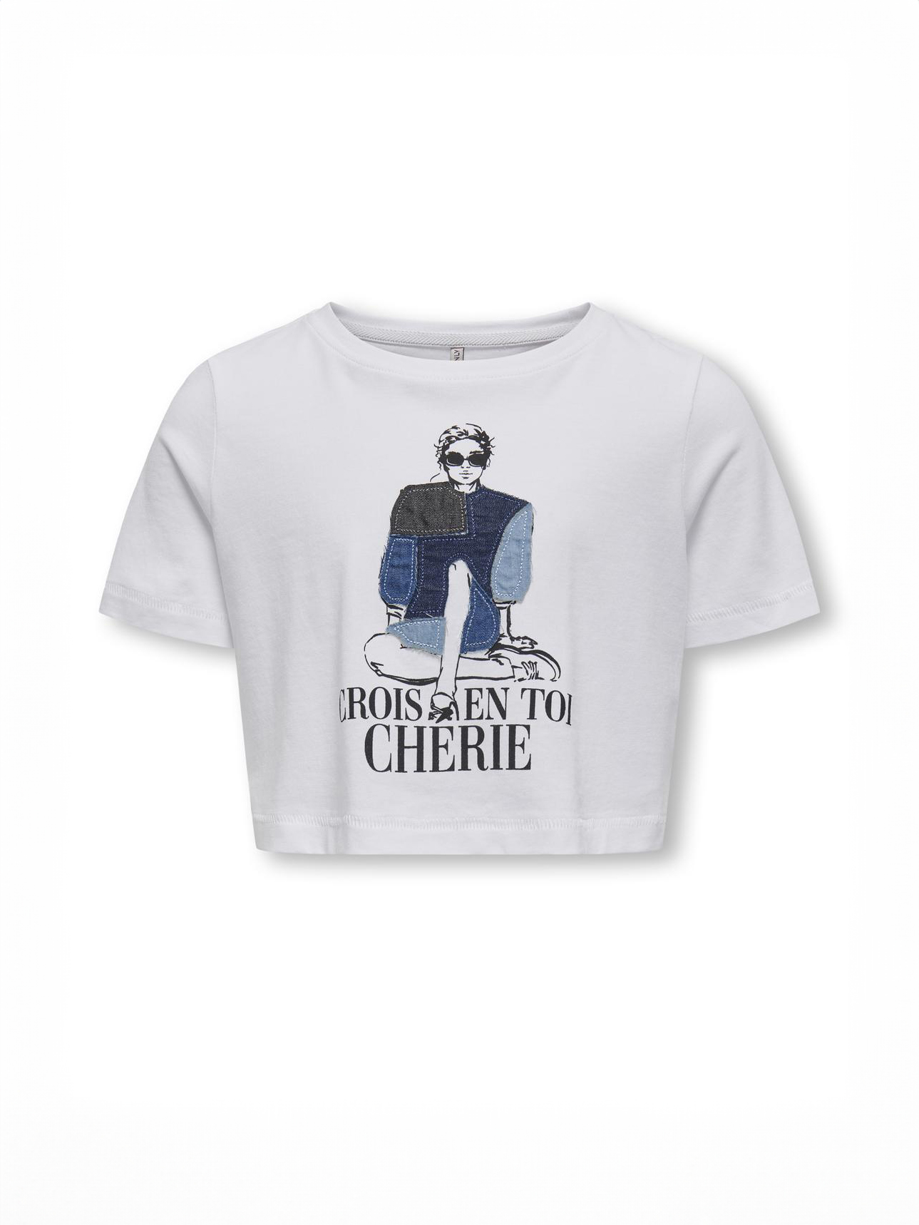 T-shirt bianca cropped in cotone a maniche corte con stampa patchwork denim image