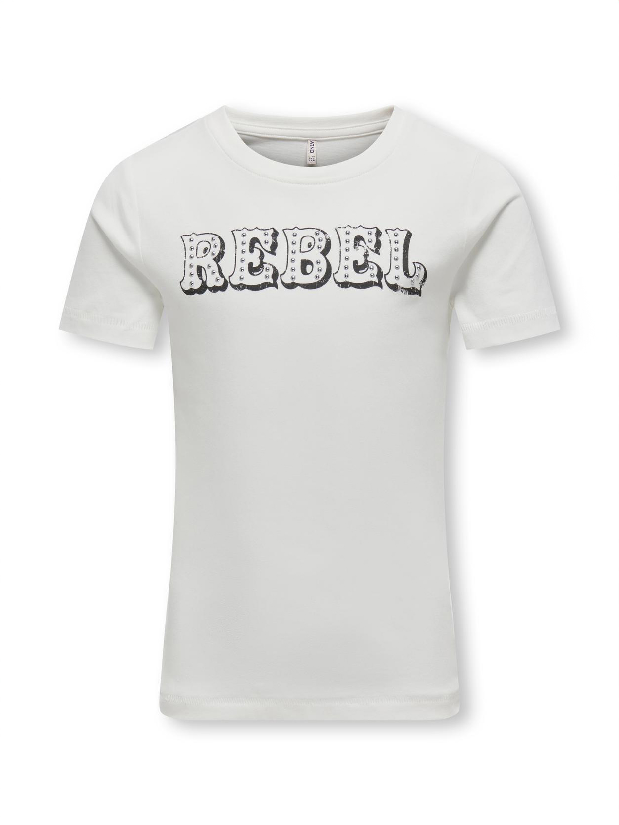 T-shirt bianca in puro cotone a maniche corte con scritta Rebel borchiata