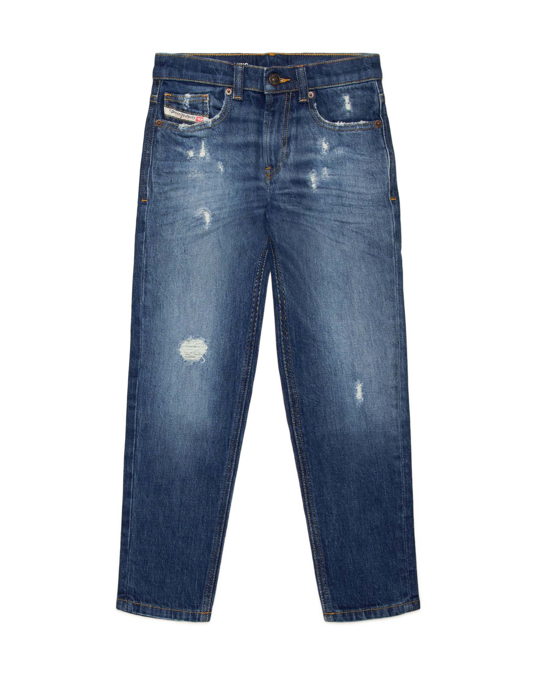 Jeans tapered a lavaggio medio stone washed in cotone stretch con abrasioni
