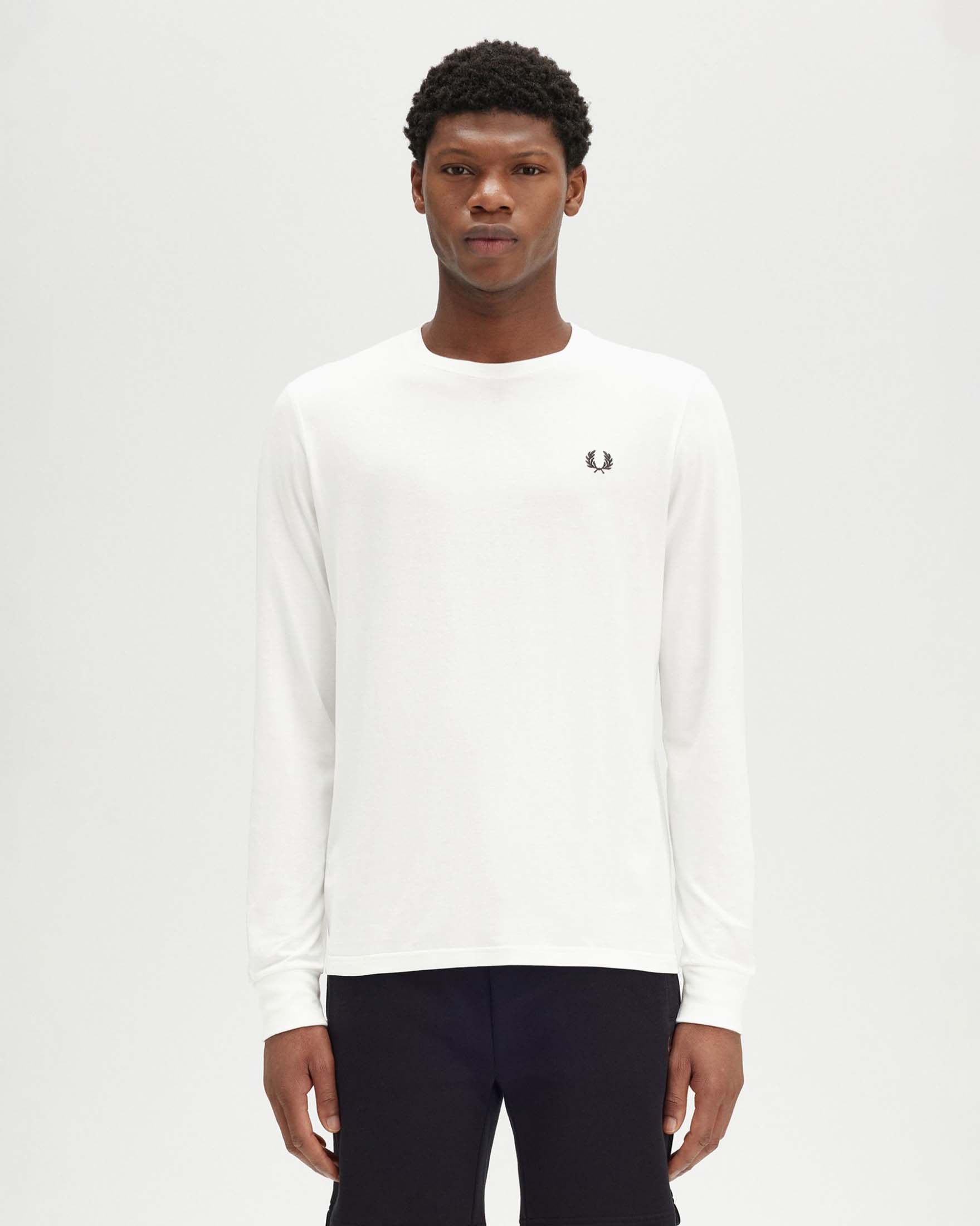 T-shirt bianca manica lunga in puro cotone con logo corona d'alloro sul petto