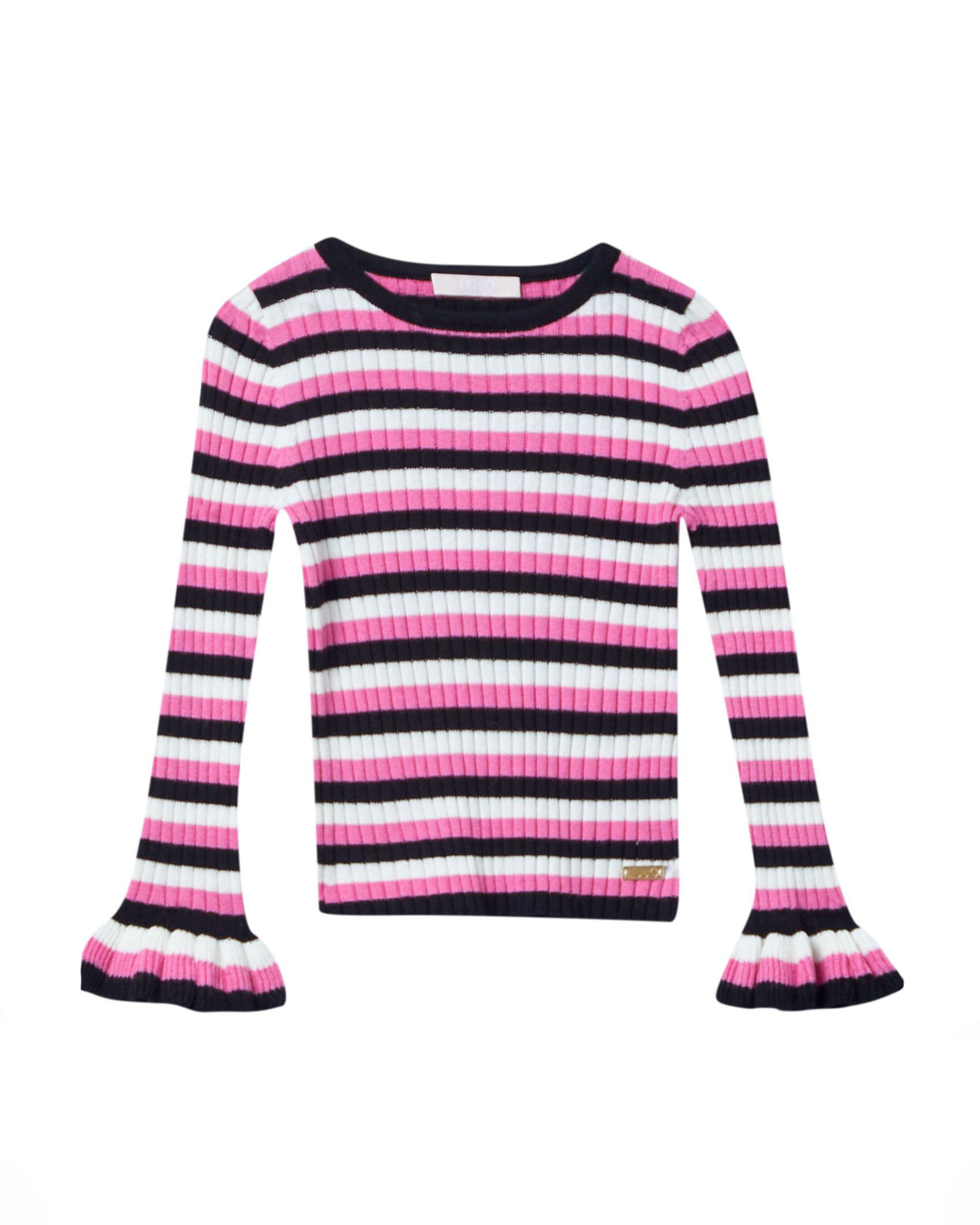 Maglia in misto viscosa e cotone a costine nera bianca e fucsia con maniche a volant