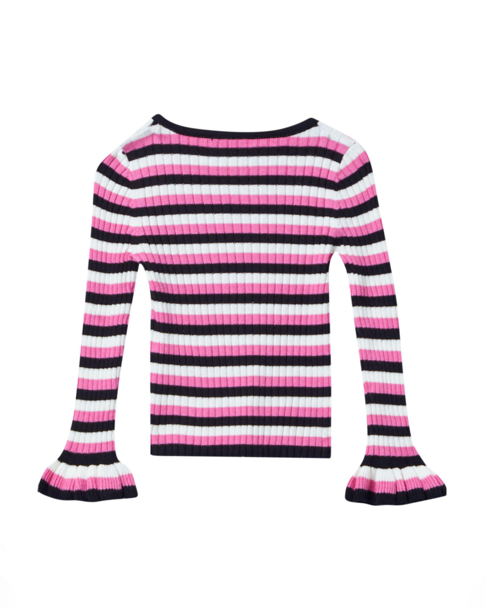 Maglia in misto viscosa e cotone a costine nera bianca e fucsia con maniche a volant image