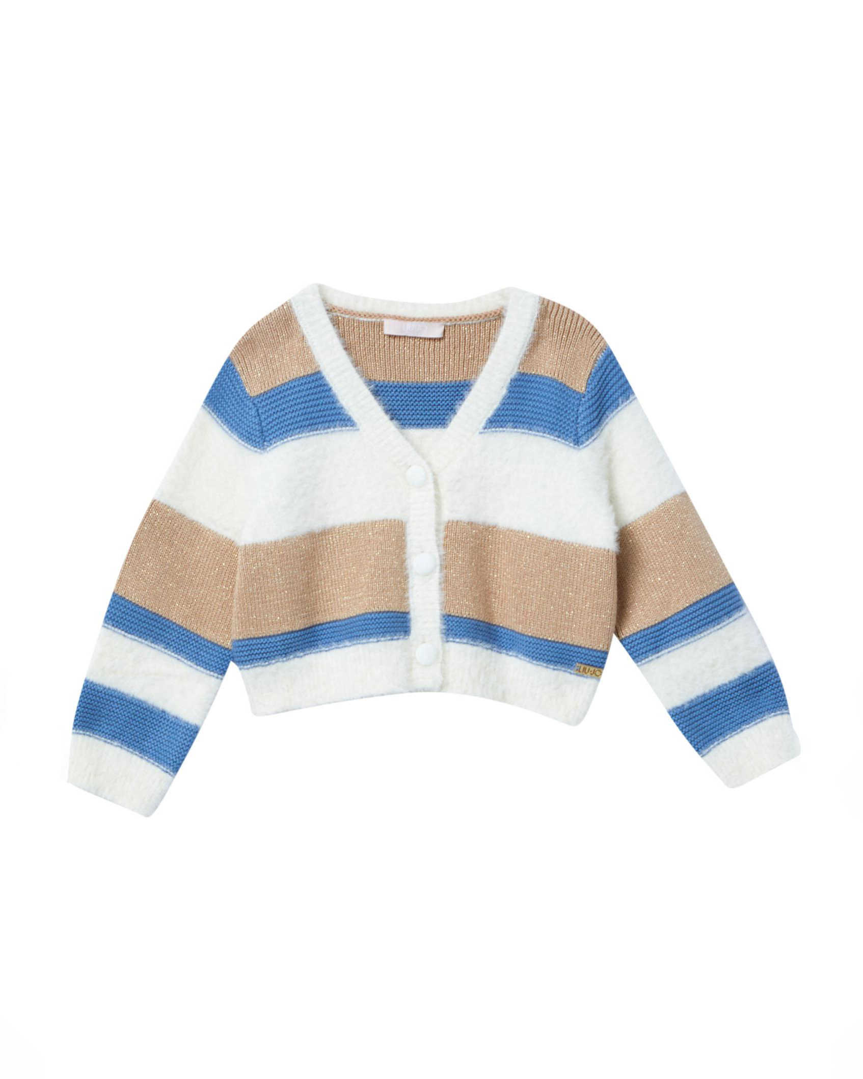 Cardigan celeste bianco e beige lurex in misto viscosa e cotone