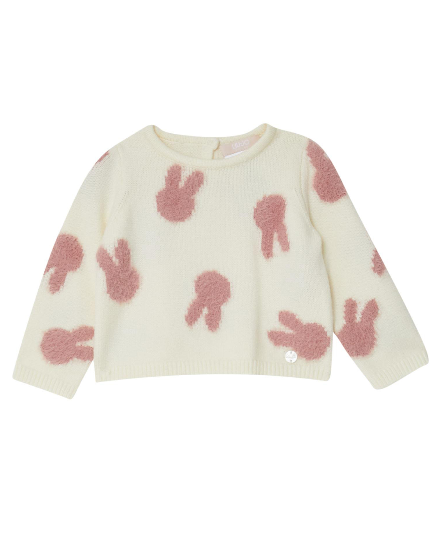 Maglia panna in misto viscosa con ricami coniglietto rosa