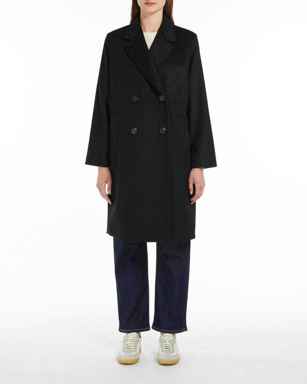 Cappotto doppiopetto al ginocchio nero in doppio drap di pura lana
