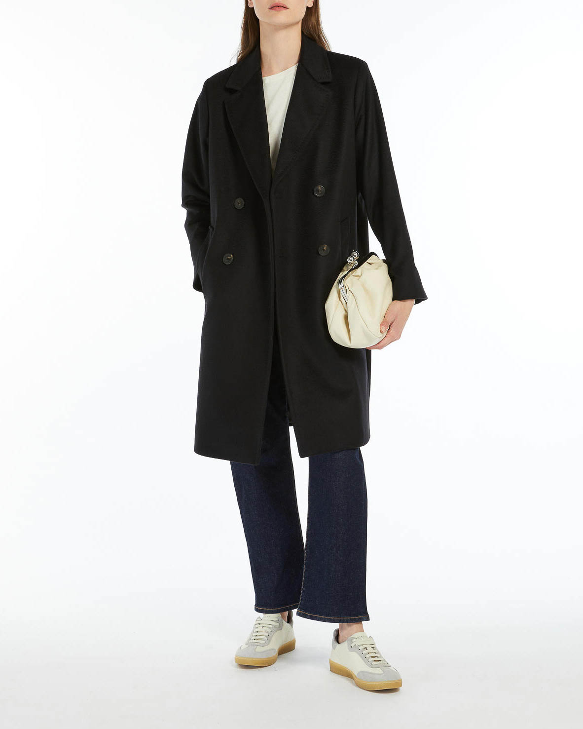 Cappotto doppiopetto al ginocchio nero in doppio drap di pura lana image