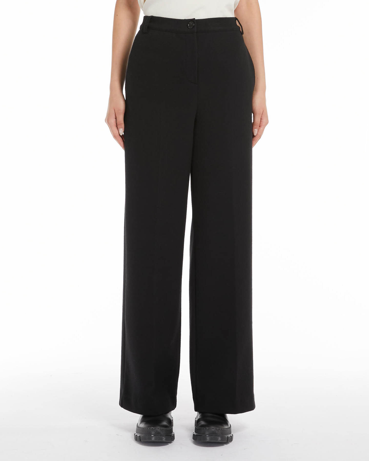 Pantaloni a gamba ampia dritta neri in jersey di flanella di misto cotone stretch