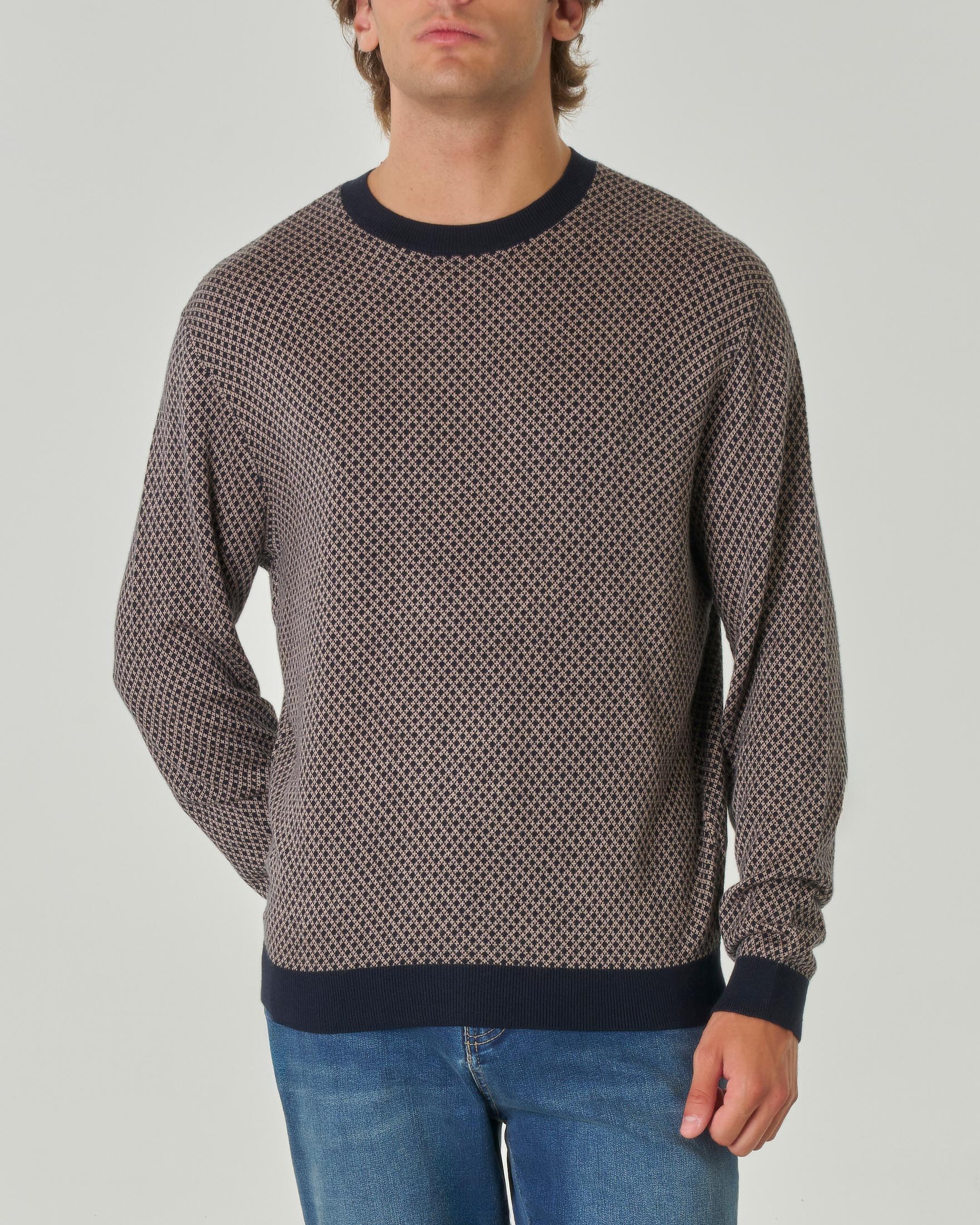 Maglia a rombetti blu e noce in misto cotone viscosa e seta