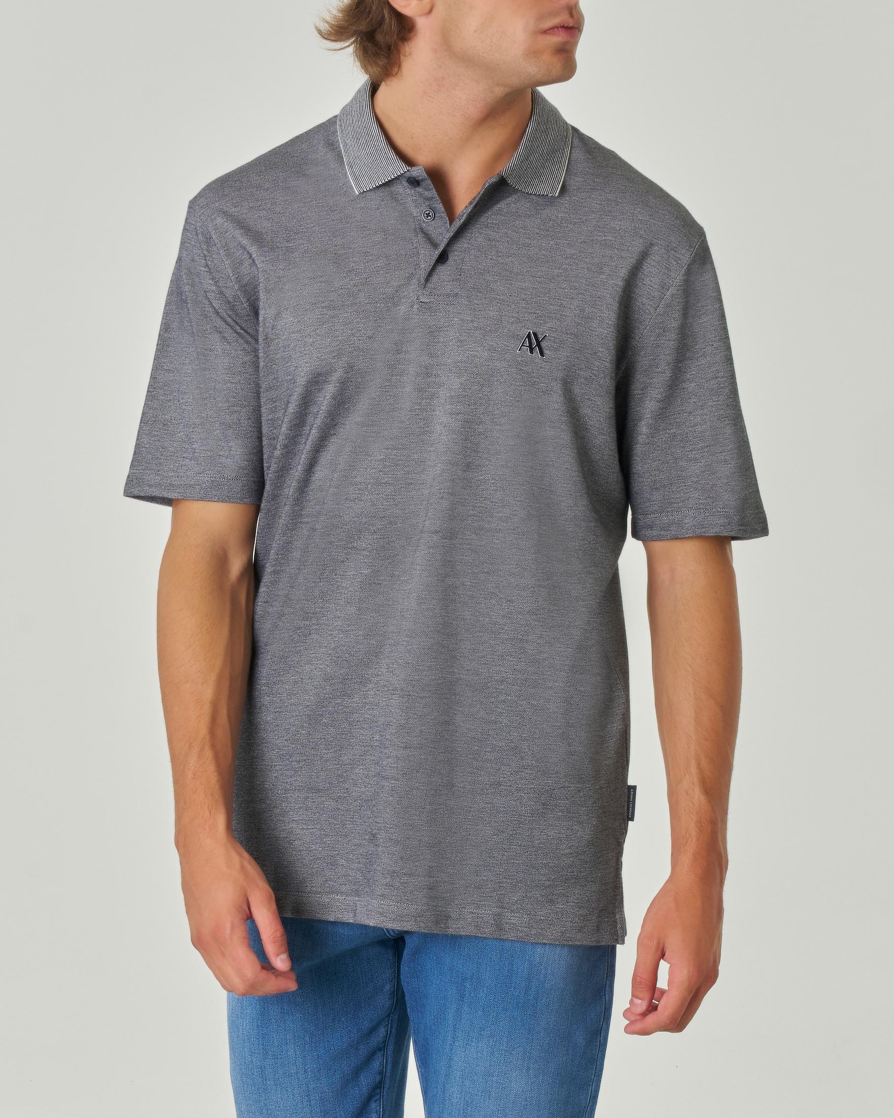 Polo blu melange mezza manica in puro piquè di cotone